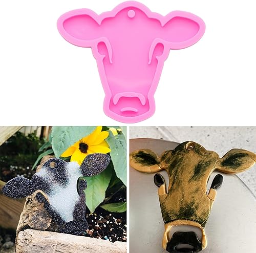 Angel Wings Molde de silicona con forma de cabeza de ganado brillante y brillante, llavero de cara de vaca, molde de arcilla polimérica, collar