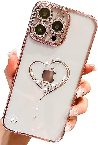 KERZZIL Bling Glitter Heart compatible con 15 Pro Max, lindo protector de cámara completo brillante para mujeres y niñas, fundas de teléfono