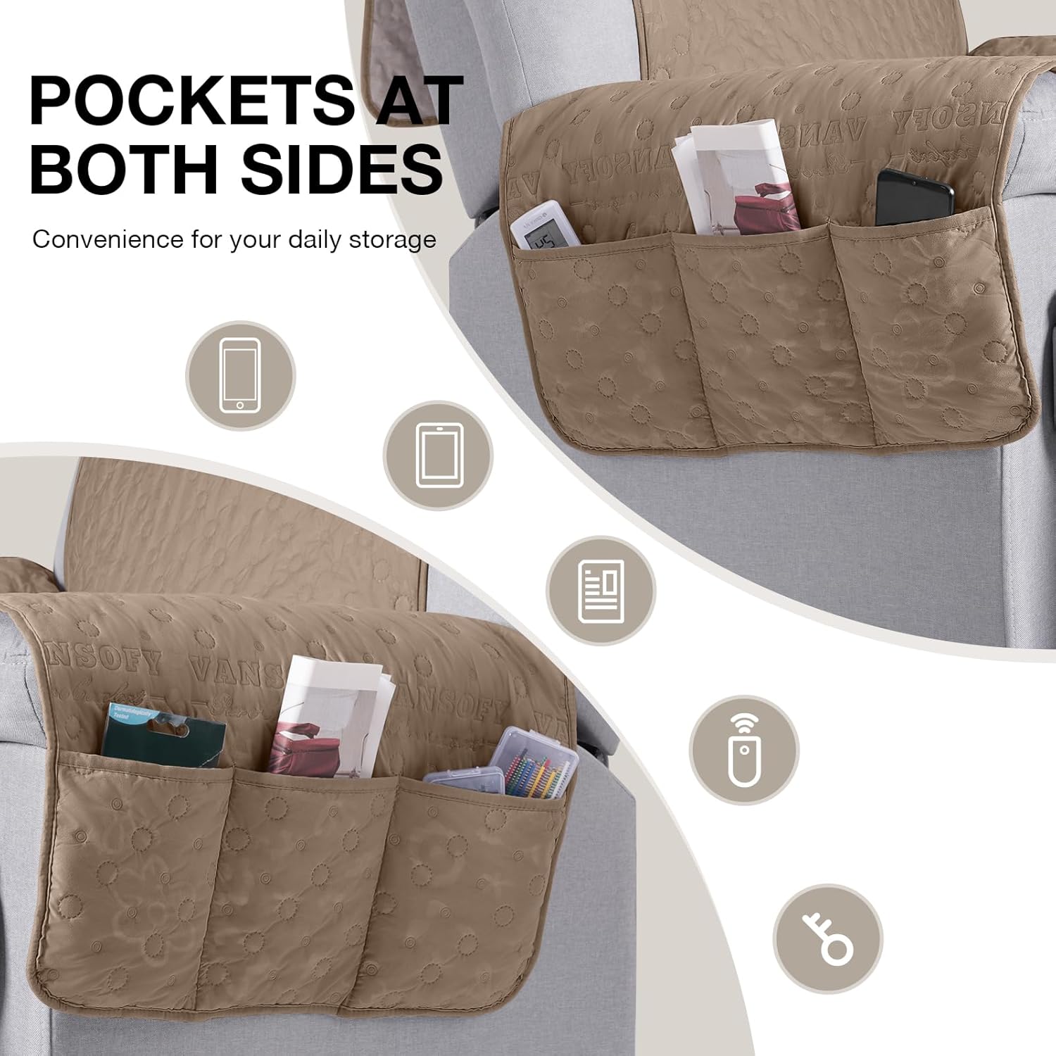 VANSOFY 100% Waterproof Recliner Chair Cover, Recliner Cover with Non-Slip Granule, Washable Reclining Chair with Pocket Furniture Protector for Kids, Pets(Light Brown, 23")