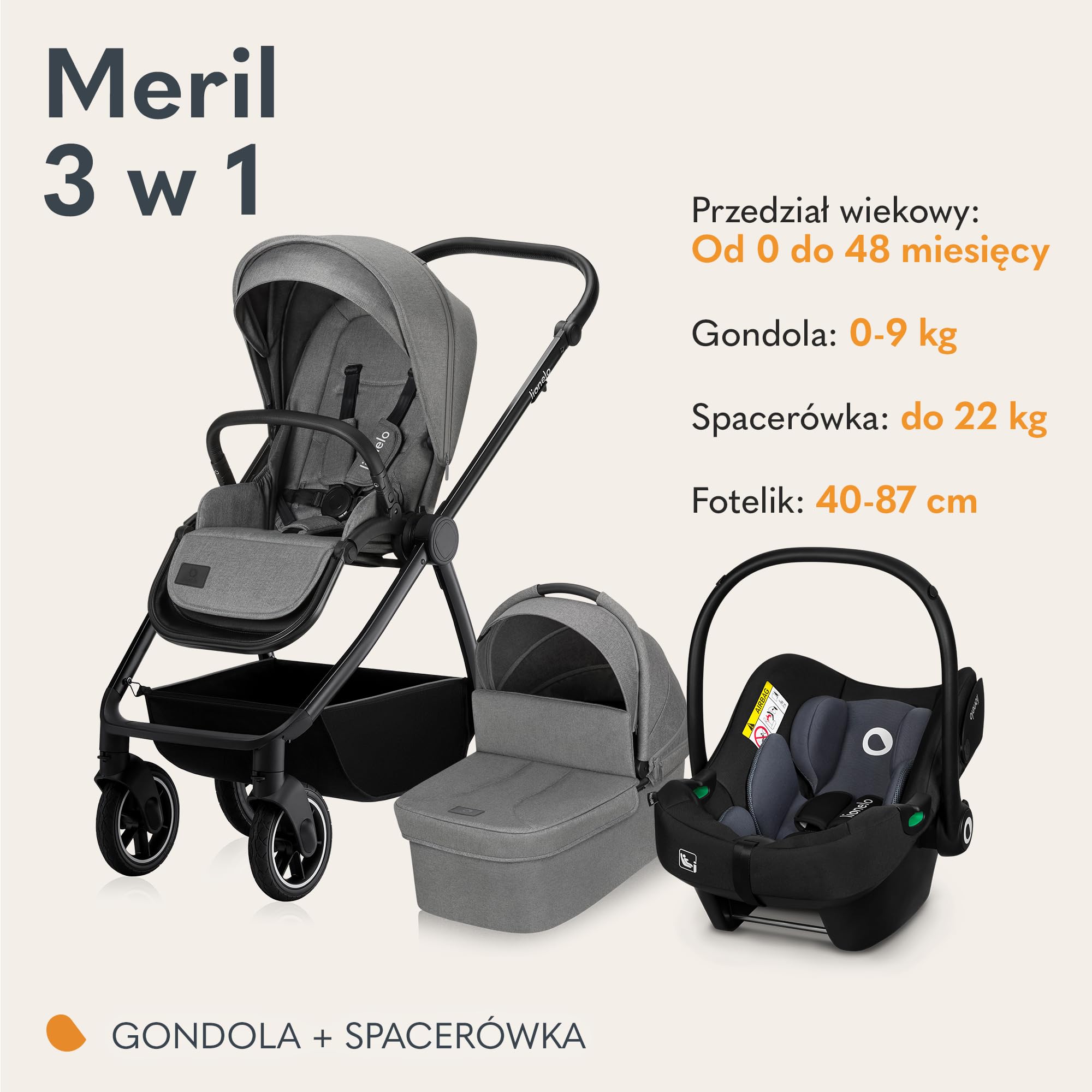 LIONELO MERIL 3 in 1 Wielofunkcyjny Wózek Dziecięcy 0-48 Miesięcy Do 22 Kg, Gondola Do 9 Kg, Fotelik Samochodowy Do 13 Kg, Koła Terenowe 360°, Pełna Amortyzacja, Budka XXL UPF50+ (Szary)