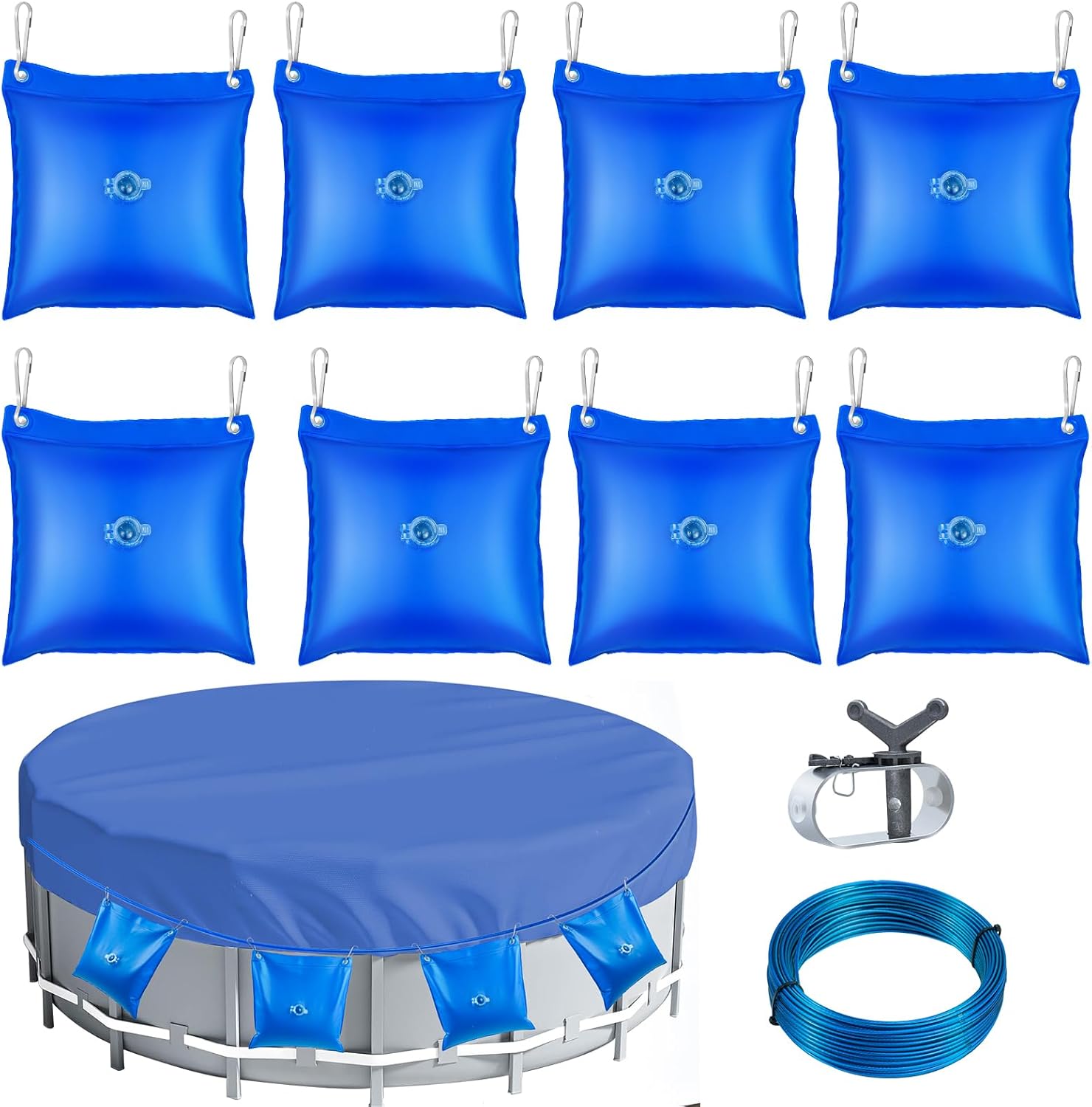 8PCS Upgrade Pool Cover Weight Bags with Hooks, 12×12 Inch Thick PVC Swimming Pool Cover Hanging Water Bag Heavy Duty Pool Cover Wall Bags Above Ground Pool Closing Kit for Winter Pool Cover 8PCS 12×12 Inch