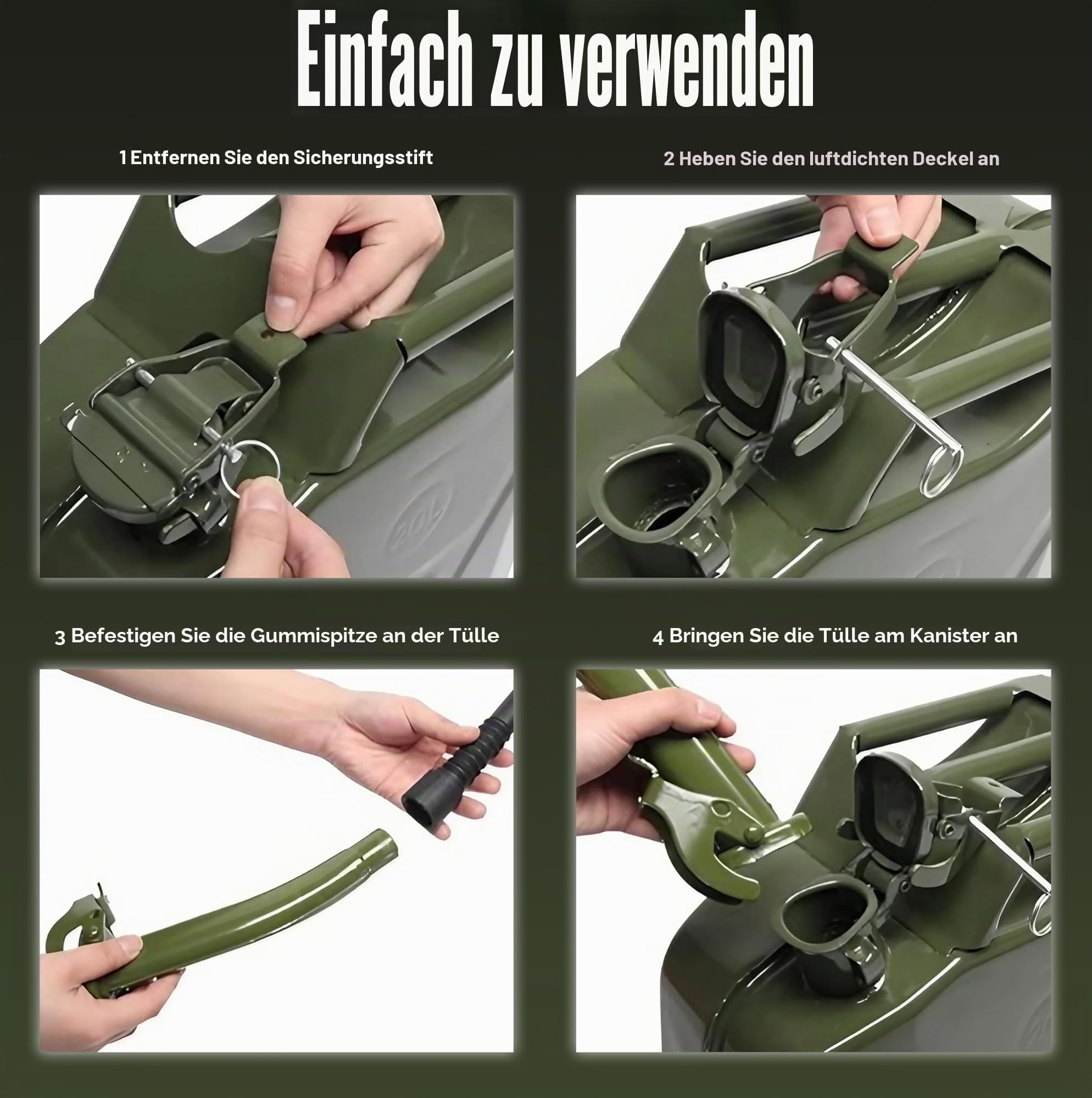 ESTO Benzinkanister aus Metall, Militärgrün, Fassungsvermögen 5 l, 10 l, 20 l, mit oder ohne Ausgießer, Sicherheitsverschluss, rostfrei, zertifiziert für den Transport gefährlicher Güter 10 Liter/mit
