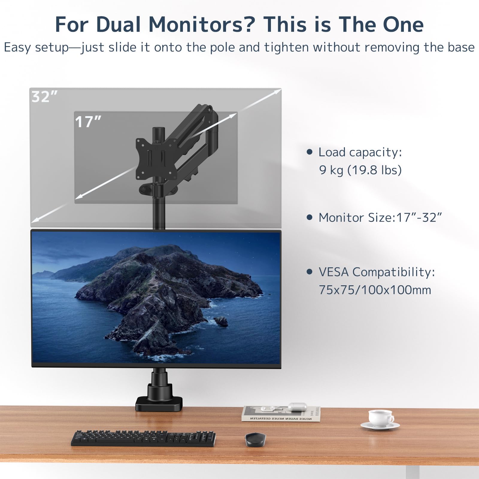 WORLDLIFT Braccio monitor regolabile in altezza per schermi da 17"-27" con molla meccanica, VESA 75x75 e 100x100 - Può contenere fino a 7 kg