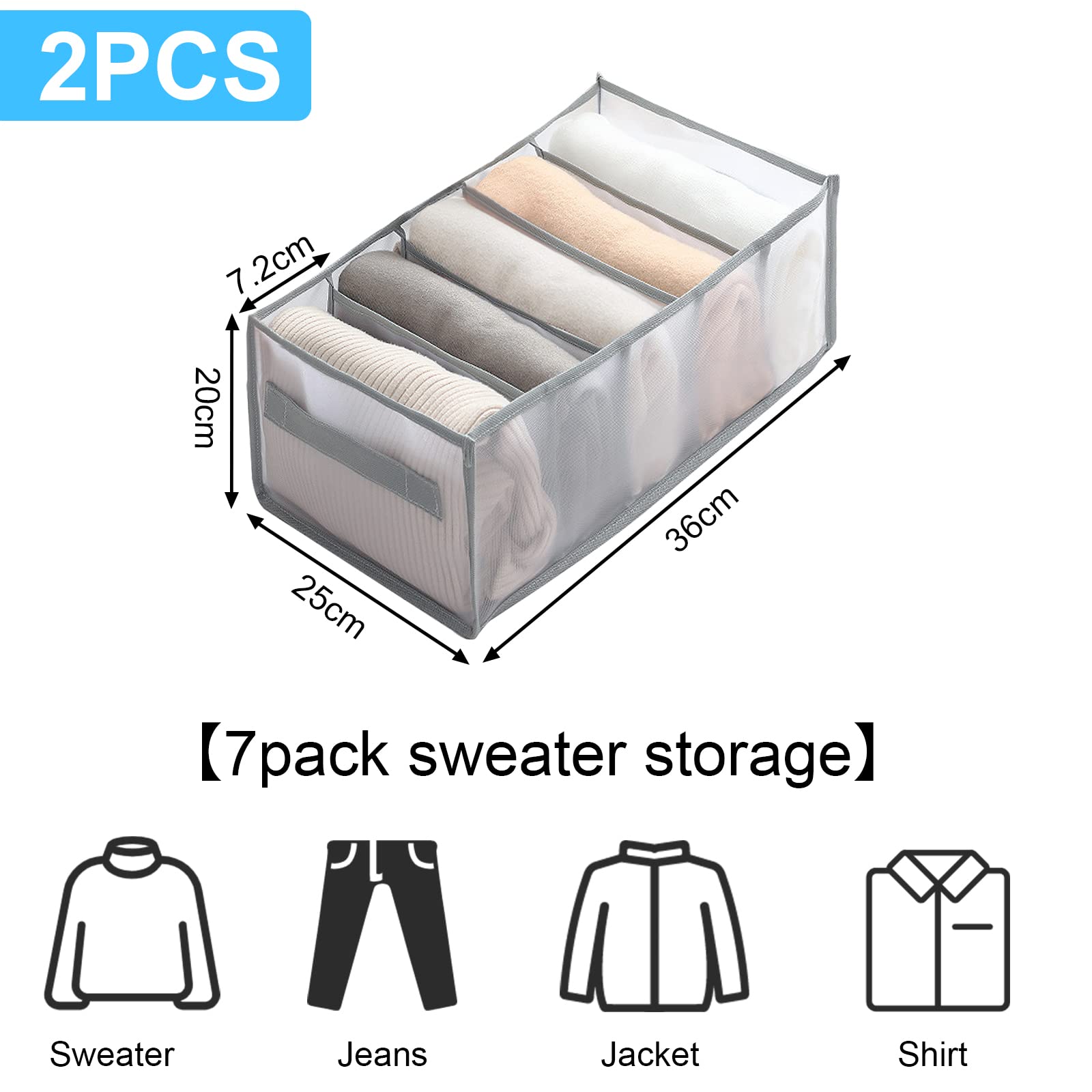 NIBESSER Jean Organisateur de Tiroir 2 pièces, Diviseur Boîte de Rangement avec compartiments pourJean Lavable Pliables, Parfait pou le Stockage de T- Shirt,Pantalon((Gris, 7 Grilles 25x36x20cm