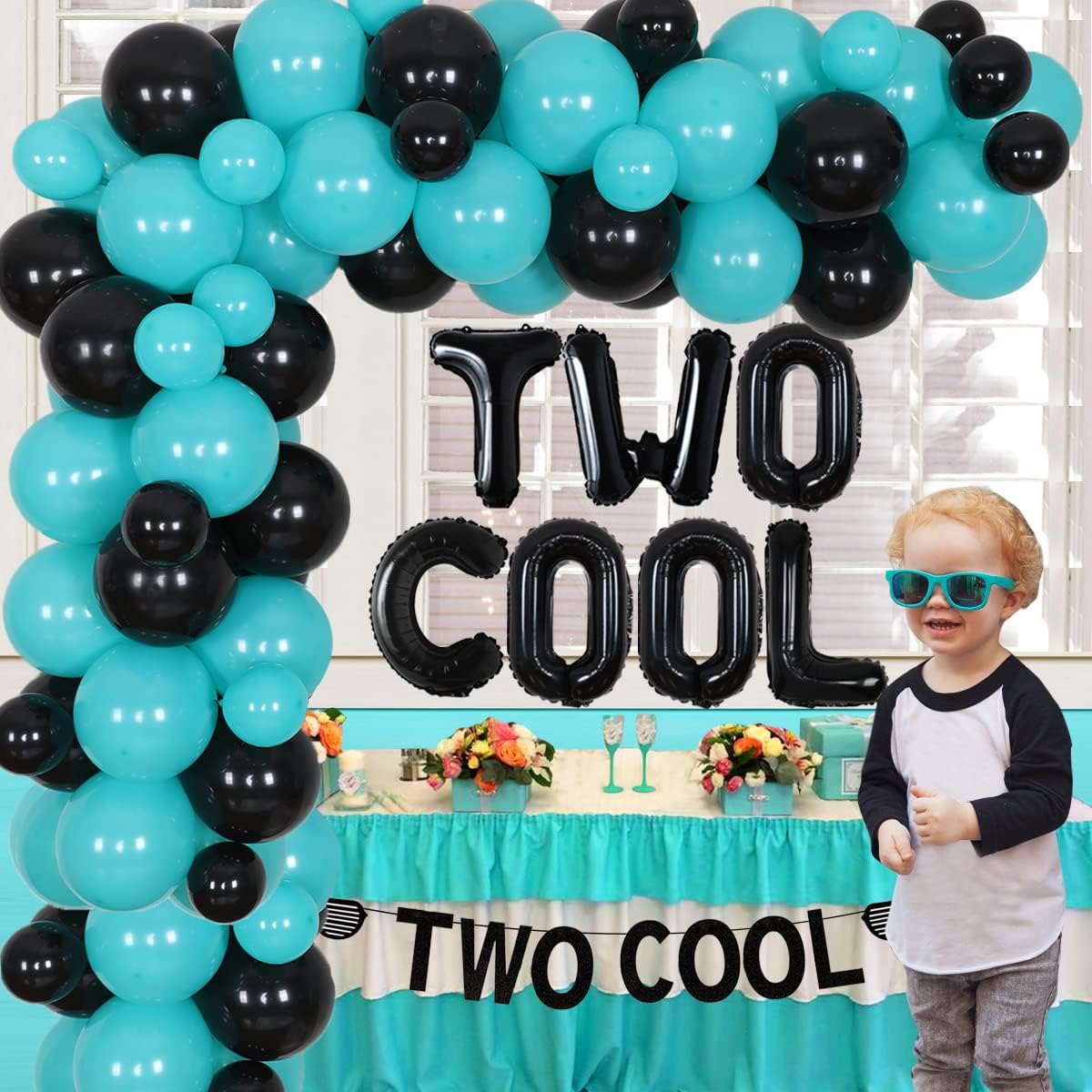 Two Cool Birthday Decorations for Boys Two Cool Sunglasses Banner Teal and Black Balloon Arch Kit 2nd Cake and Cupcake Toppers for Little Man 2 Years Old Birthday Party - Image 2