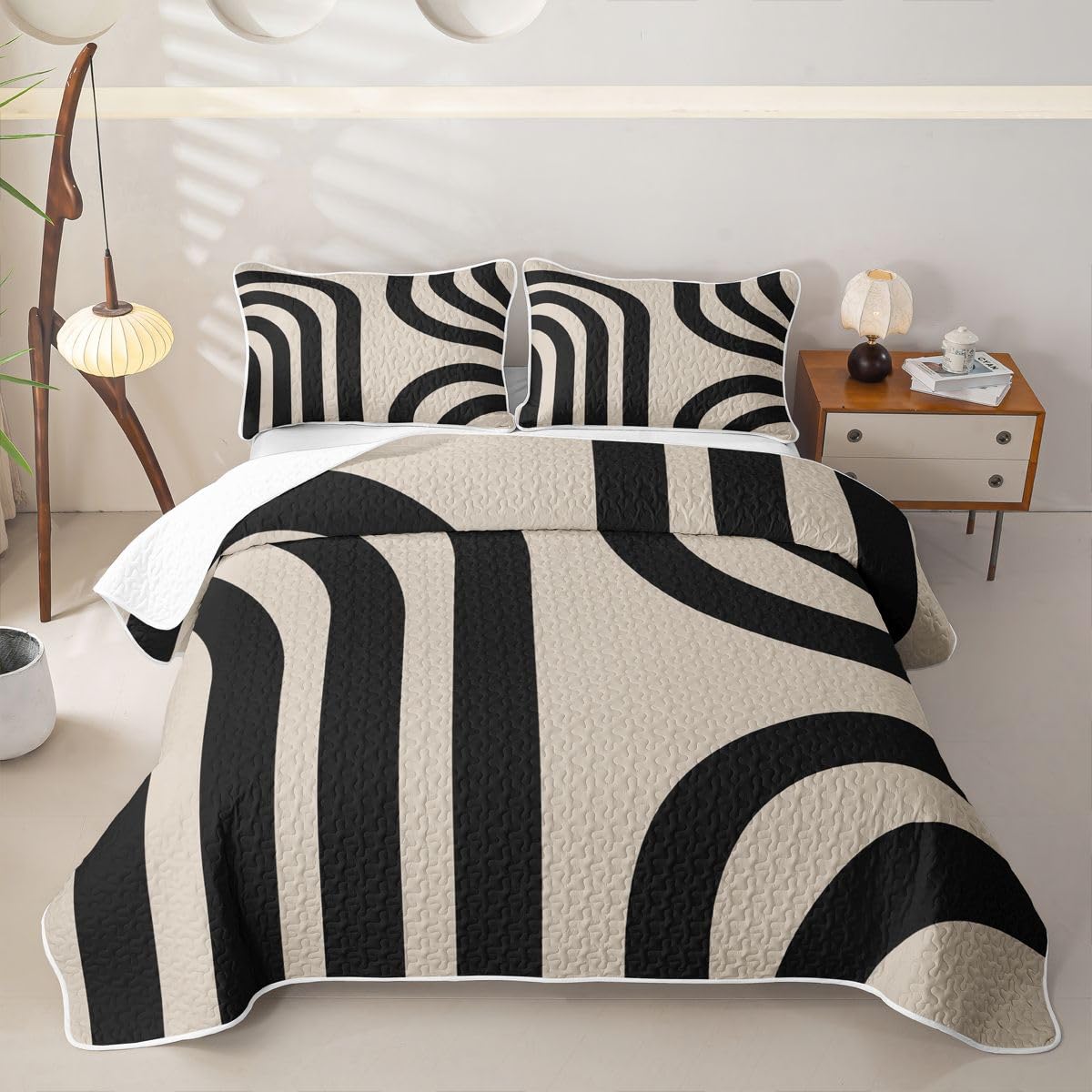 Loussiesd Colcha acolchada geométrica para cama de matrimonio, colcha abstracta para verano, ligera, colcha de rayas grises para todas las estaciones, 3 piezas (1 edredón, 2 fundas de almohada), juego