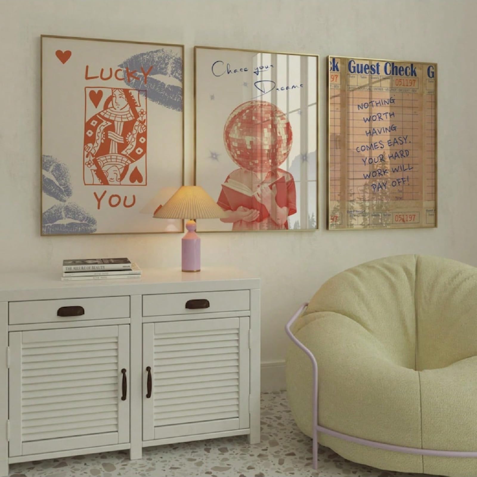 ZBELLO 3pcs/set Retro Trendy Canvas Posters, Preppy Poster Prints, Pink Orange Wall Art, Y2K Coquette Canvas Decor for Bedroom Dorm, Unframed (40x50cm)
