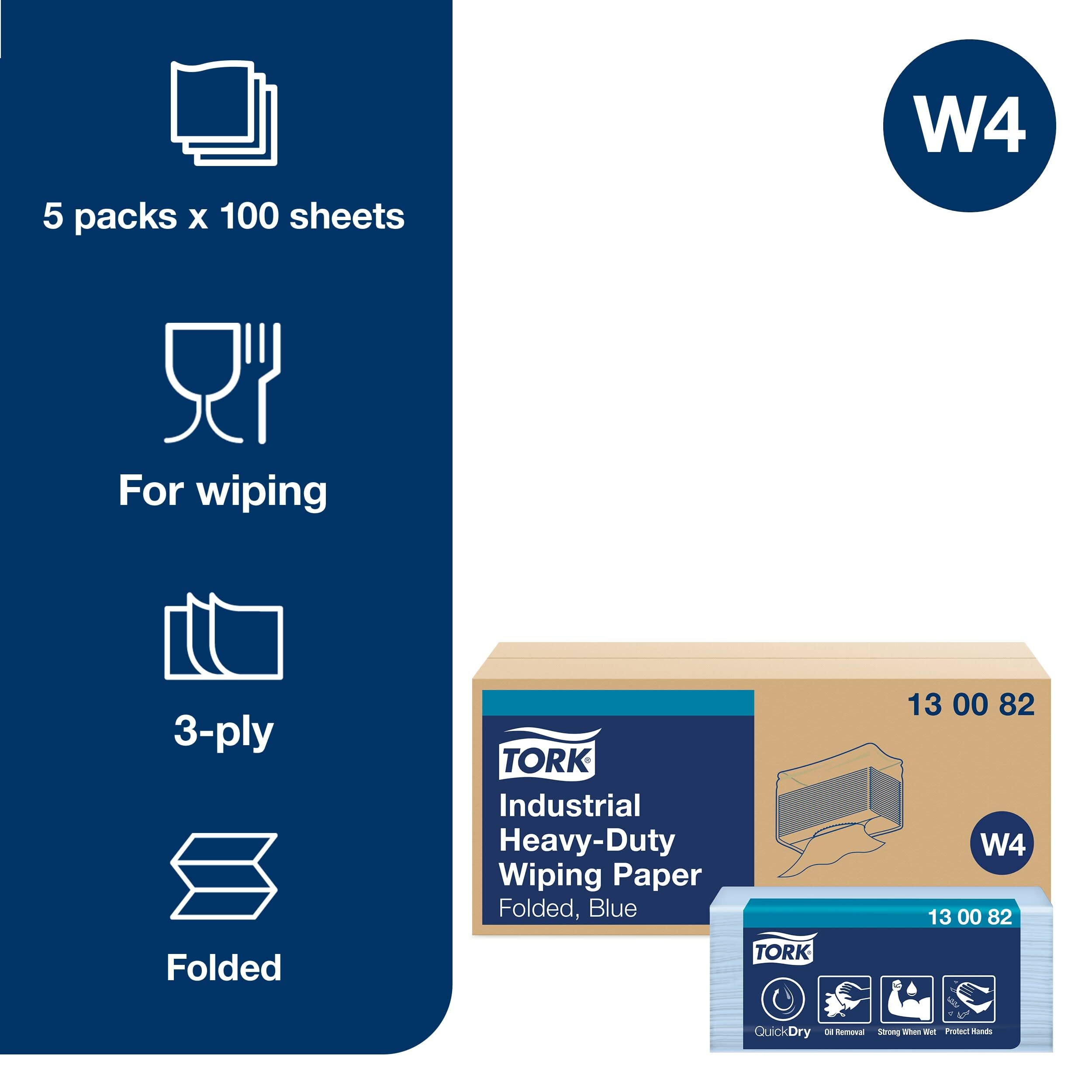 Tork 130082 Papel de secado extra fuerte para la industria/Premium / 3 capas/Paños de papel compatibles con el sistema W4 / 500 hojas/color azul
