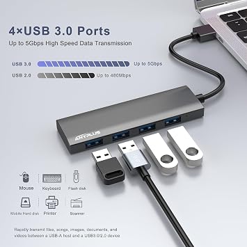 USB Hub, USB 3.0 Hub Aluminum Alloy Ultra Slim USB Splitter, Portable 4 Port USB Extender, USB Hub for Laptop, PC, MacBook, iMac, Surface Pro, Mac Pro, Flash Drive, XPS Black