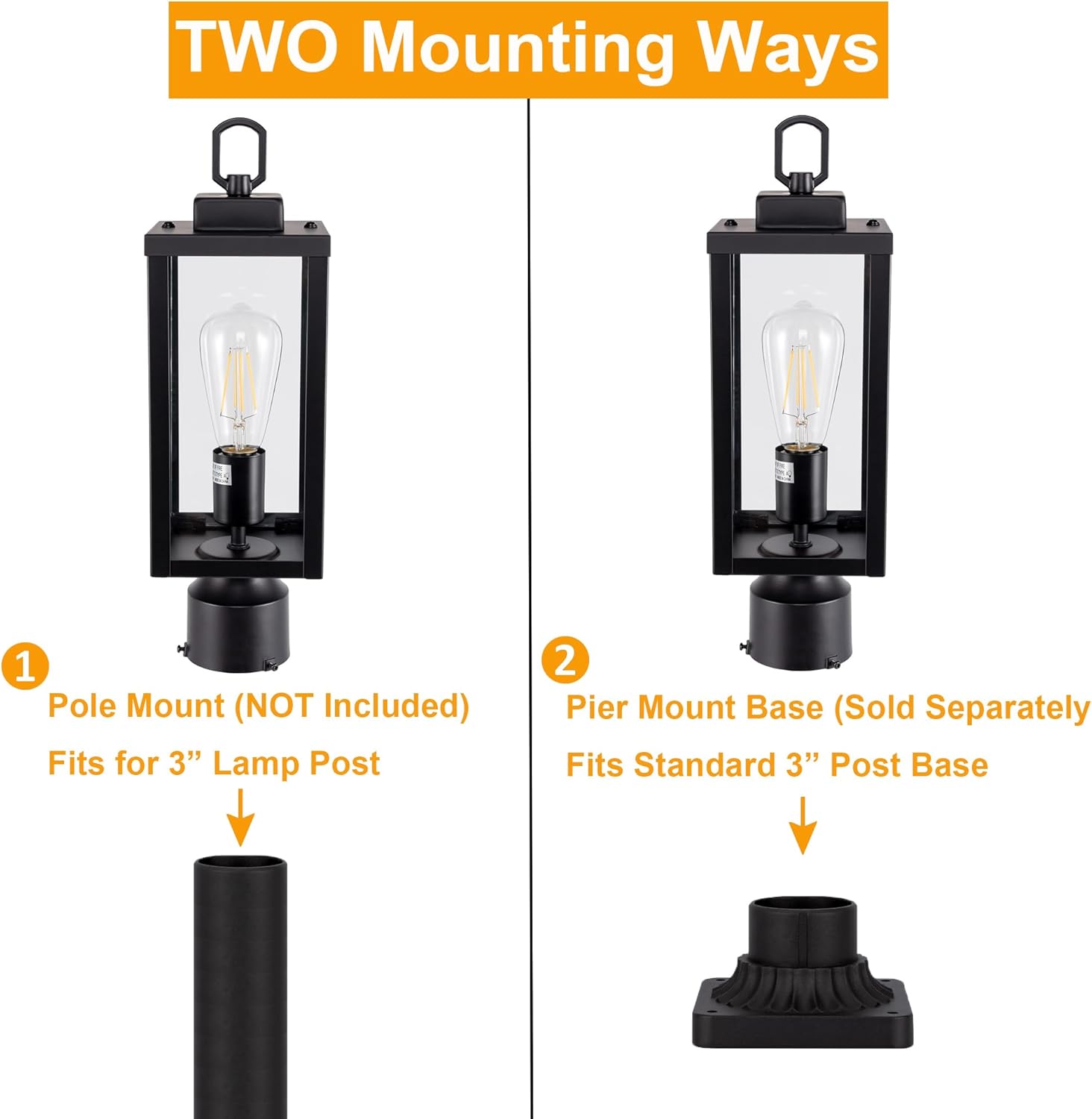 GRUENLICH Outdoor Post Lighting Fixture Pole Lantern, E26 Medium Base Max 60W, Metal Housing Plus Glass, Matte Black Finish, Bulb Not Included, 1 Pack