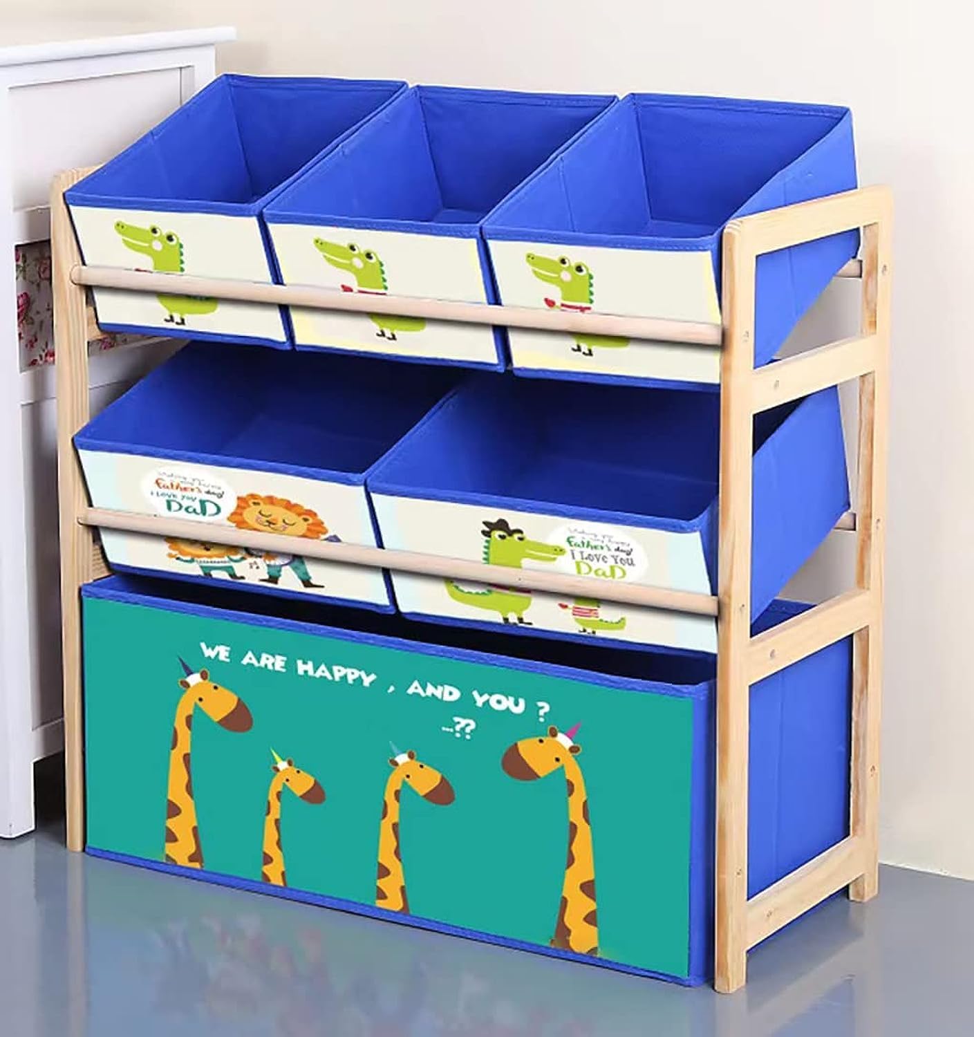 LEDIN Solid Wood Toy Organizer Rack with 6 Toy Storage Bins, 25x11x24 Inch, Multi Bins Toy Storage For Nursery Kids Baby, Can Be Placed In The Living Room, Kids Room,etc (Blue)