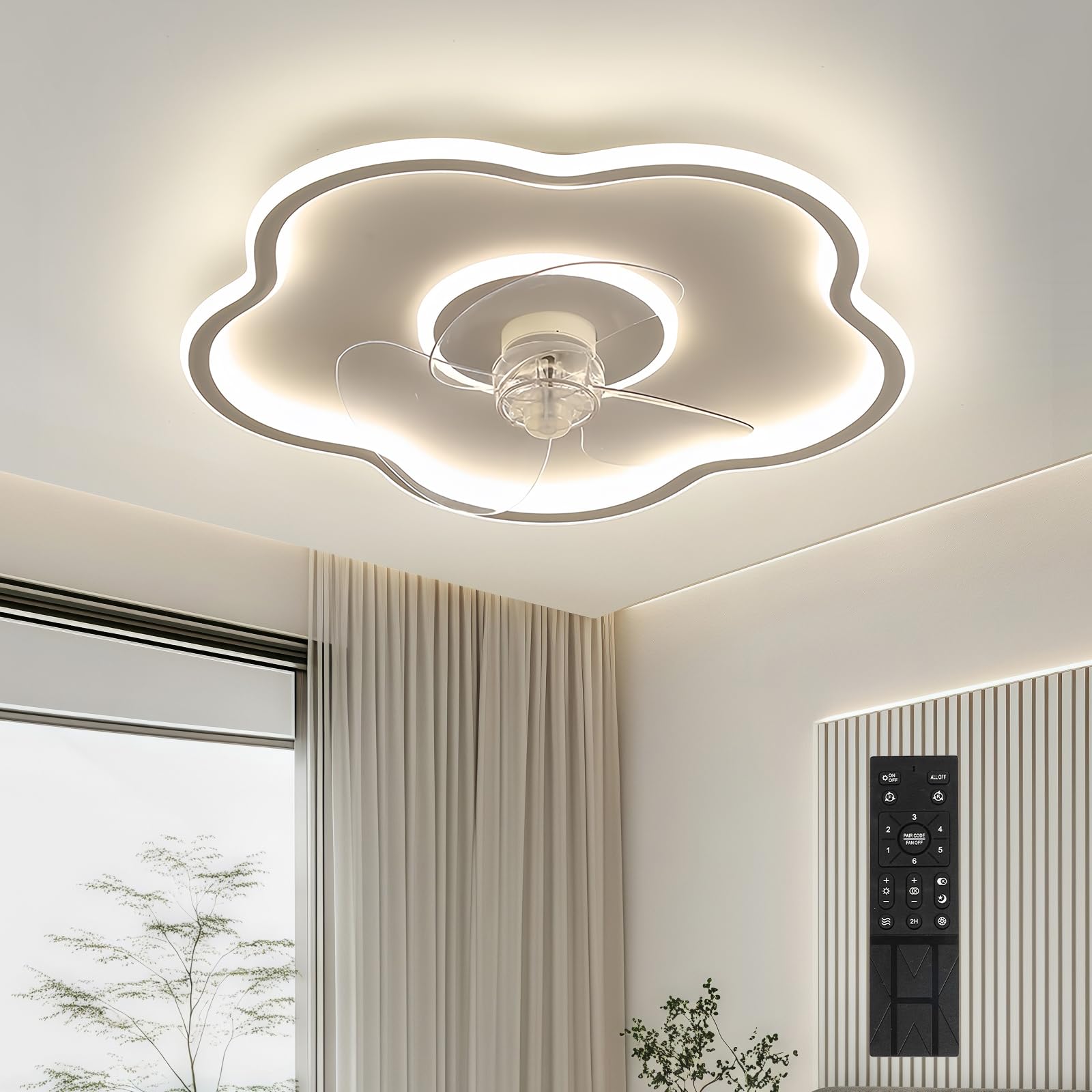 KRIPINC Quiet Flower Shaped Ceiling Fan with Light and Remote, Dimmable LED Ceiling Fan Light with 6 Wind Speeds and 3 Color Temperatures for Living Room Bedroom, Kids Ceiling Lights, White