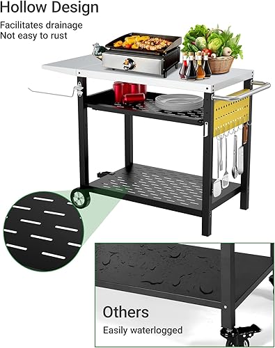 Miniatura 7 de Carrito de parrilla al aire libre con tablero de clavijas, mesa de horno de pizza de 3 estantes con cajón, carrito de comedor de cocina de acero