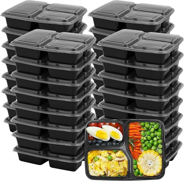 MUKLEI 50 Pack 3 Compartment Plastic Food Containers, 1000ml Meal Prep Containers with Lids, Stackable Portion Control Lunch Boxes Food Storage Trays for Home, Work, Restaurant, Black