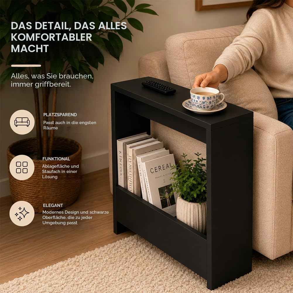 HOCUS PICUS Beistelltisch mit integriertem Magazinhalter| kompakter Beistelltisch für Wohnzimmer und Büro| platzsparender End Table für kleine Räume| Magazinaufbewahrung| 20 x 55 x 60 cm (Schwarz)