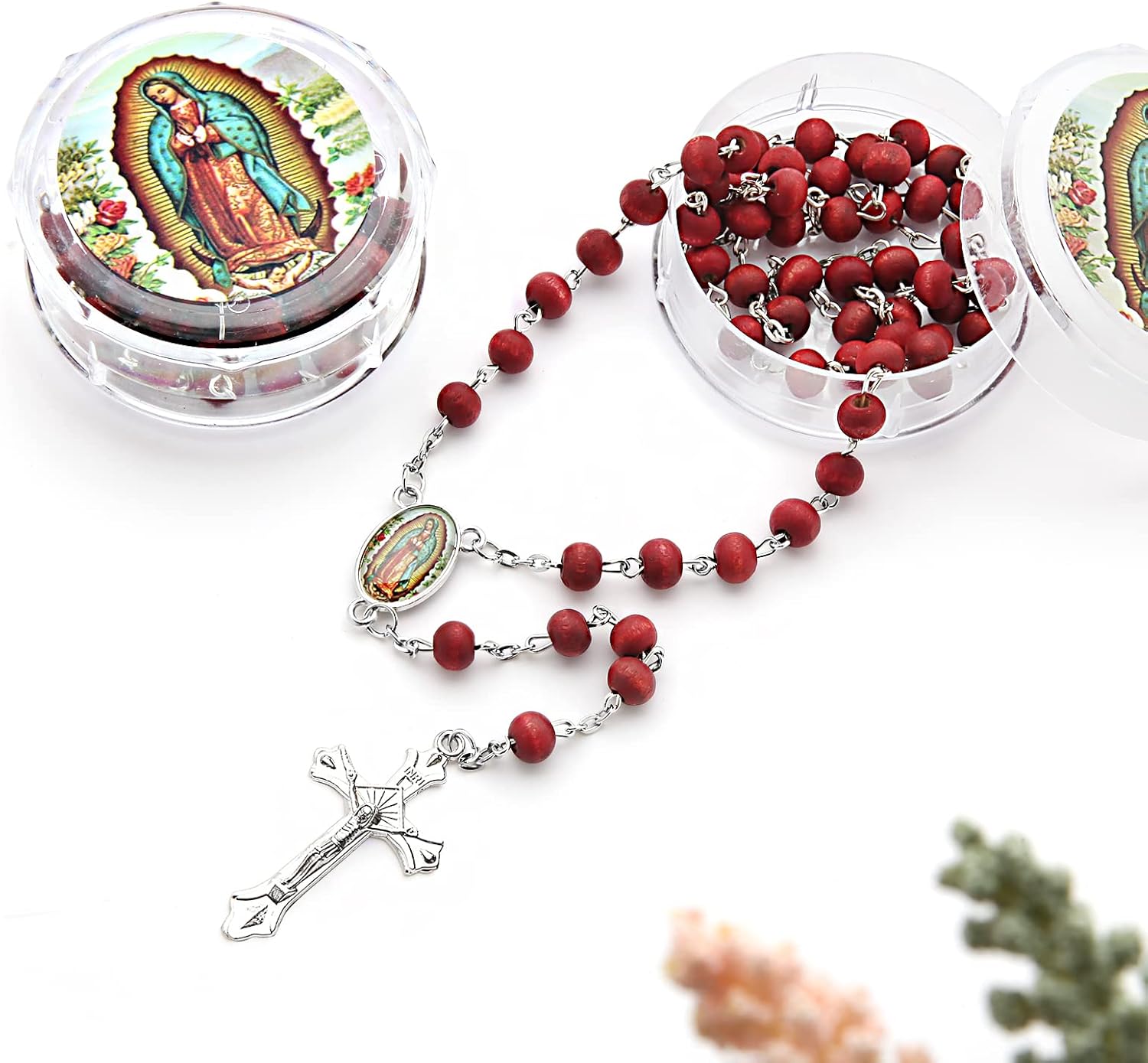 Brilucky 24 PCS Red Rosary Beads Bulk For Baptism Favors,Regligious Bulk Rosaries For First Communion Party Favors,Rosary Beads Necklace Gifts For Recuerdos De Bautizo Primera Comunion