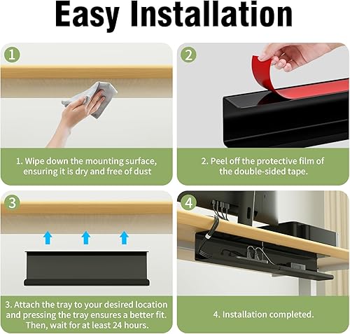 Miniatura 5 de Paquete de 2 organizadores de cables sin tornillos debajo del escritorio, organizador de cables autoadhesivo, bandeja de gestión de cables para