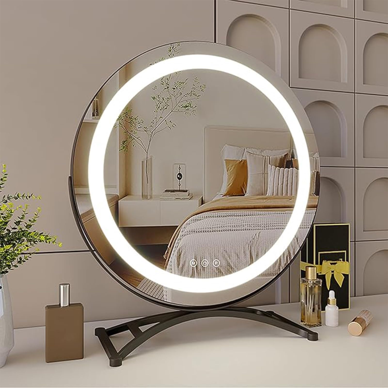 Duże okrągłe lustro ze światłem toaletki, lustro biurkowe LED ze światłami, obrót 360°, 3 kolory ściemniania, podświetlane lusterka do makijażu na stół (czarne, 50 cm)