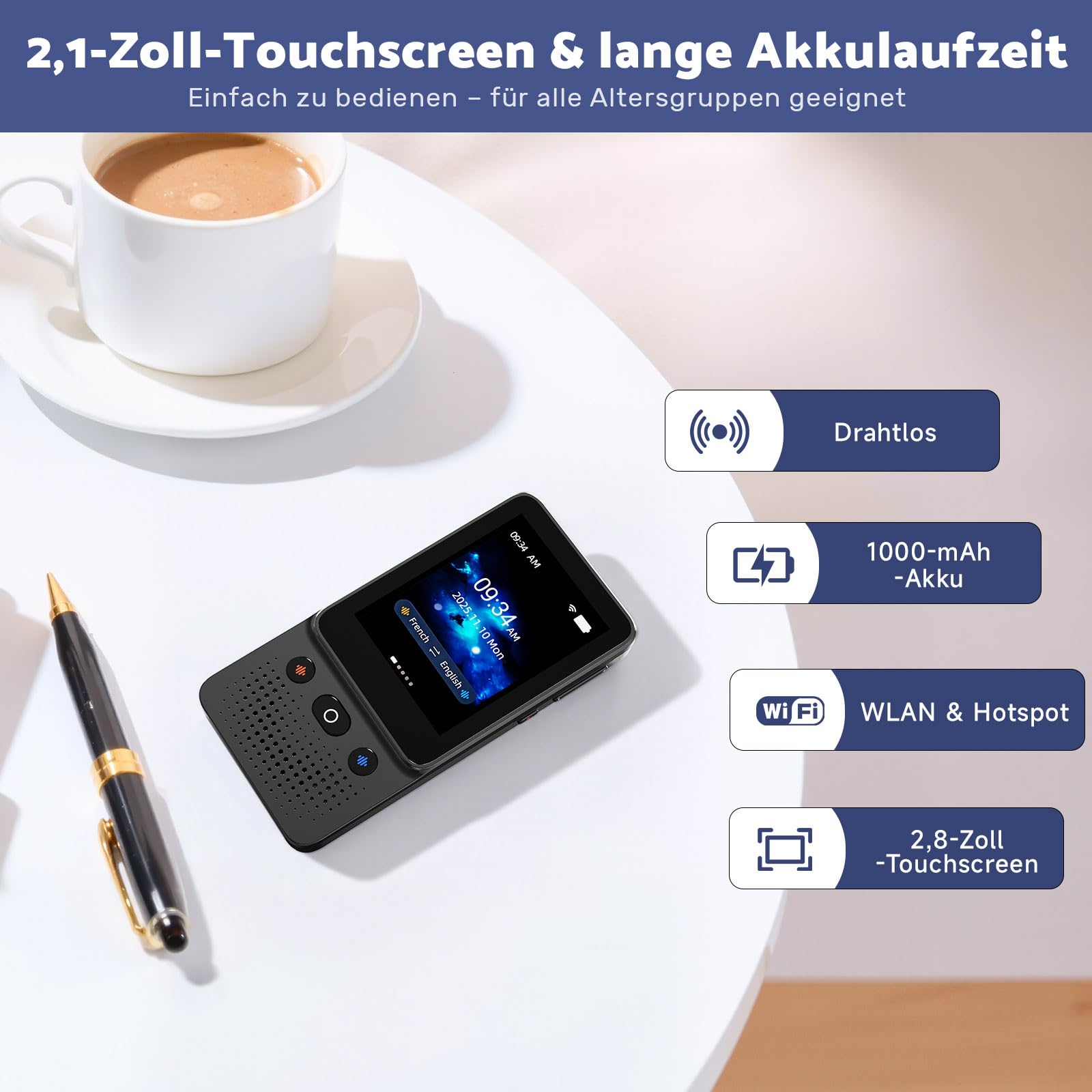 Ai Sprachübersetzer Gerät, 138 Sprachen, 2026 Englisch auf Spanisch Pocket Offline Instant Voice Ai Übersetzer Gerät, Kommunikation Übersetzungsgerät für Geschäftsreisen Studium