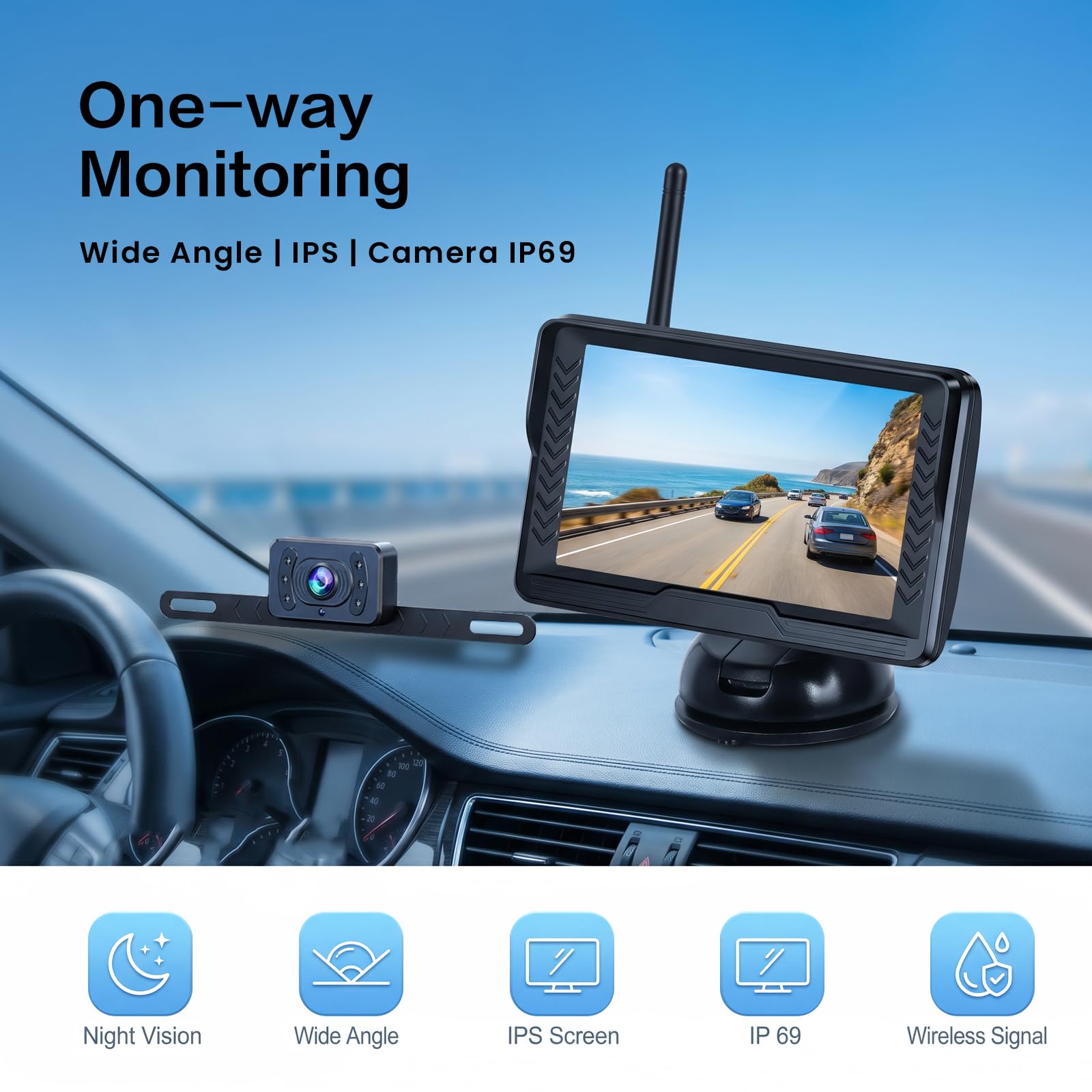 Hikity 5" IPS Display AHD Kit Telecamera Retromarcia Wireless per Veicoli Telecamera Impermeabile IP69 Linee a Griglia Grandangolare