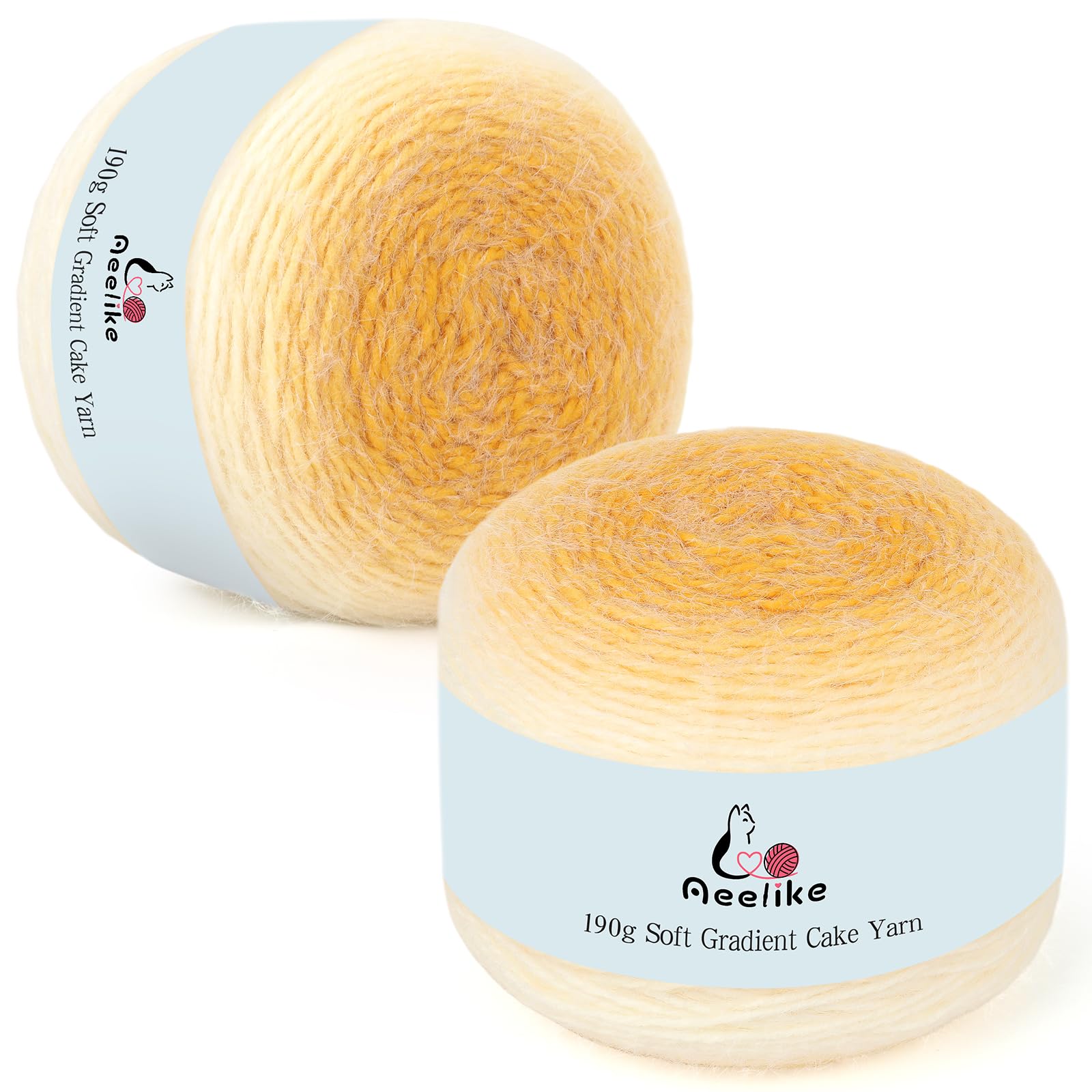 Aeelike Gradient Yarn Cake 2 x 190g - 71% Acrylic 29% Nynon - Soft Plush Cake Yarn for Crochet, Ombre Double Knitting Wool for Baby Blanket Scarf Socks Bags - Gradient Yellow