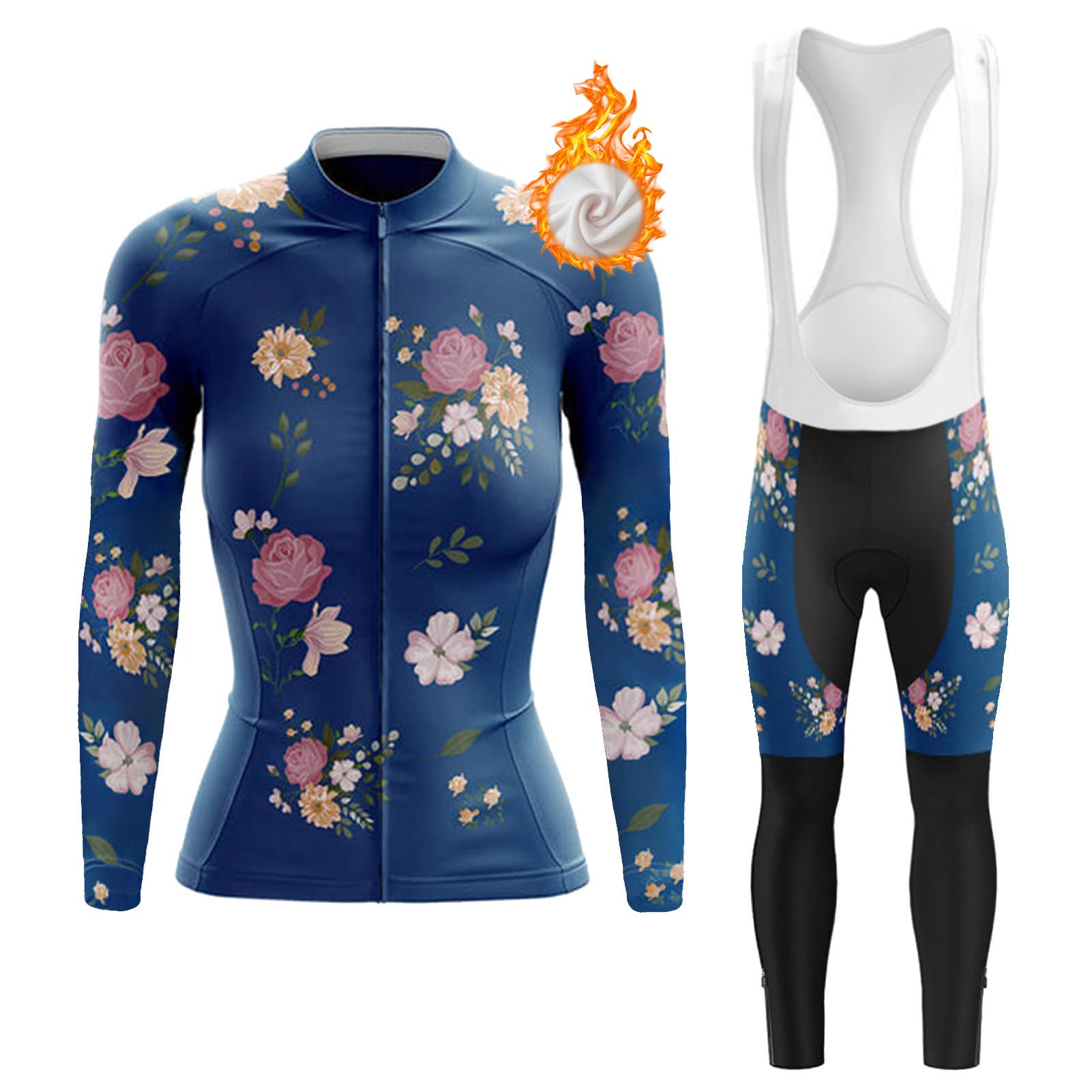 Maillot Ciclismo Mujer Invierno Conjunto Bici MTB Ropa Ciclista Polar Térmico,Traje Bicicleta Chaquetas Manga Larga y Pantalones Tirantes con 19D Gel Acolchado,Completa de Jerseys Ciclo Transpirable