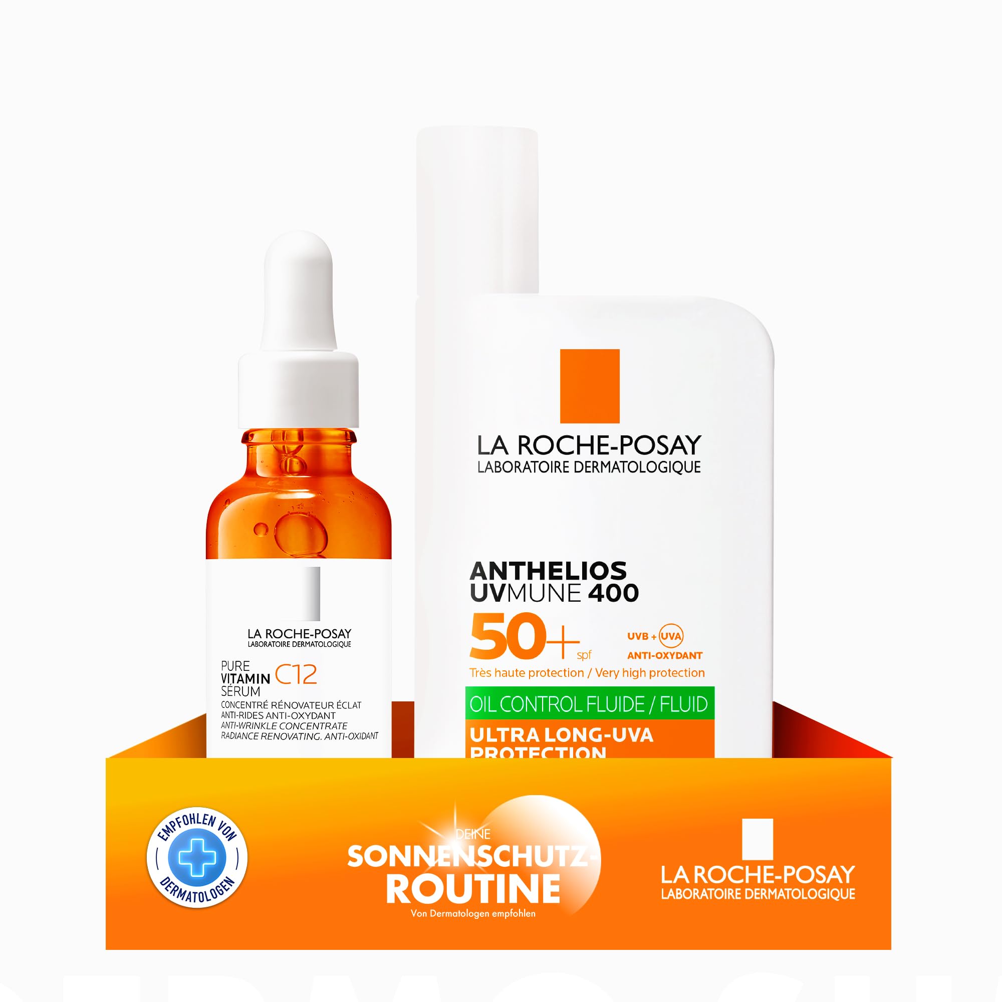 Rutina de Verano Antiedad La Roche Posay, Fluido Invisible Protector Solar con SPF50+ con Efecto Matificante 24 Horas 50ml + Sérum Pure Vitamin C12 Antiedad con Vitamina C, 30ml
