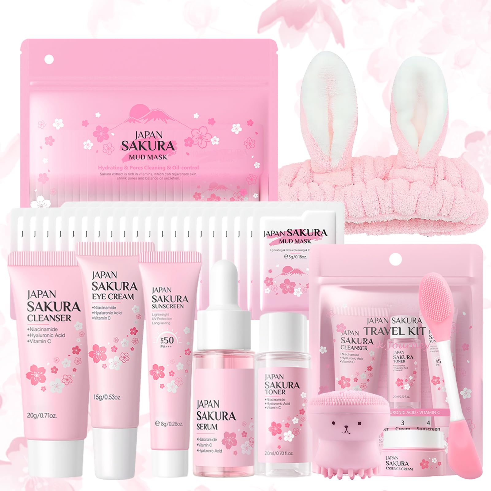 29 Pezzi Kit per la Cura della Pelle Sakura, include Detergente, Tonico, Crema Viso, Maschera, Siero e Crema per Gli Occhi, Mini Size da Viaggio Prodotti Skincare per Ragazze e Donne