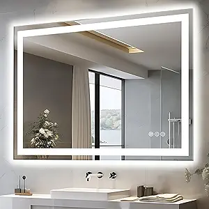 48"x40" LED Lighted Bathroom Mirror with Front Light and Backlit, Anti-Fog Bathroom Mirror with Lights, Stepless Dimmable LED Mirror, 3 Colors Smart Mirror (Horizontal/Vertical)