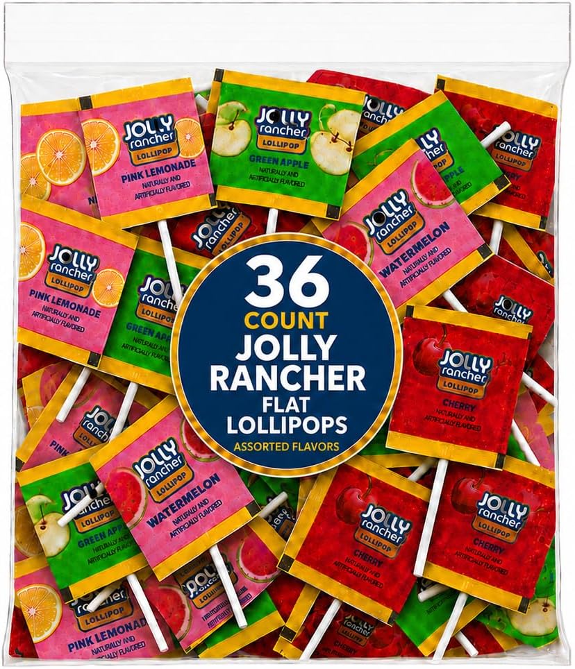 Jolly Flat Lollipops (Suckers) โ 36 Count Variety Pack โ Watermelon, Pink Lemonade, Green Apple, Cherry โ Individually Wrapped Fruity Candy