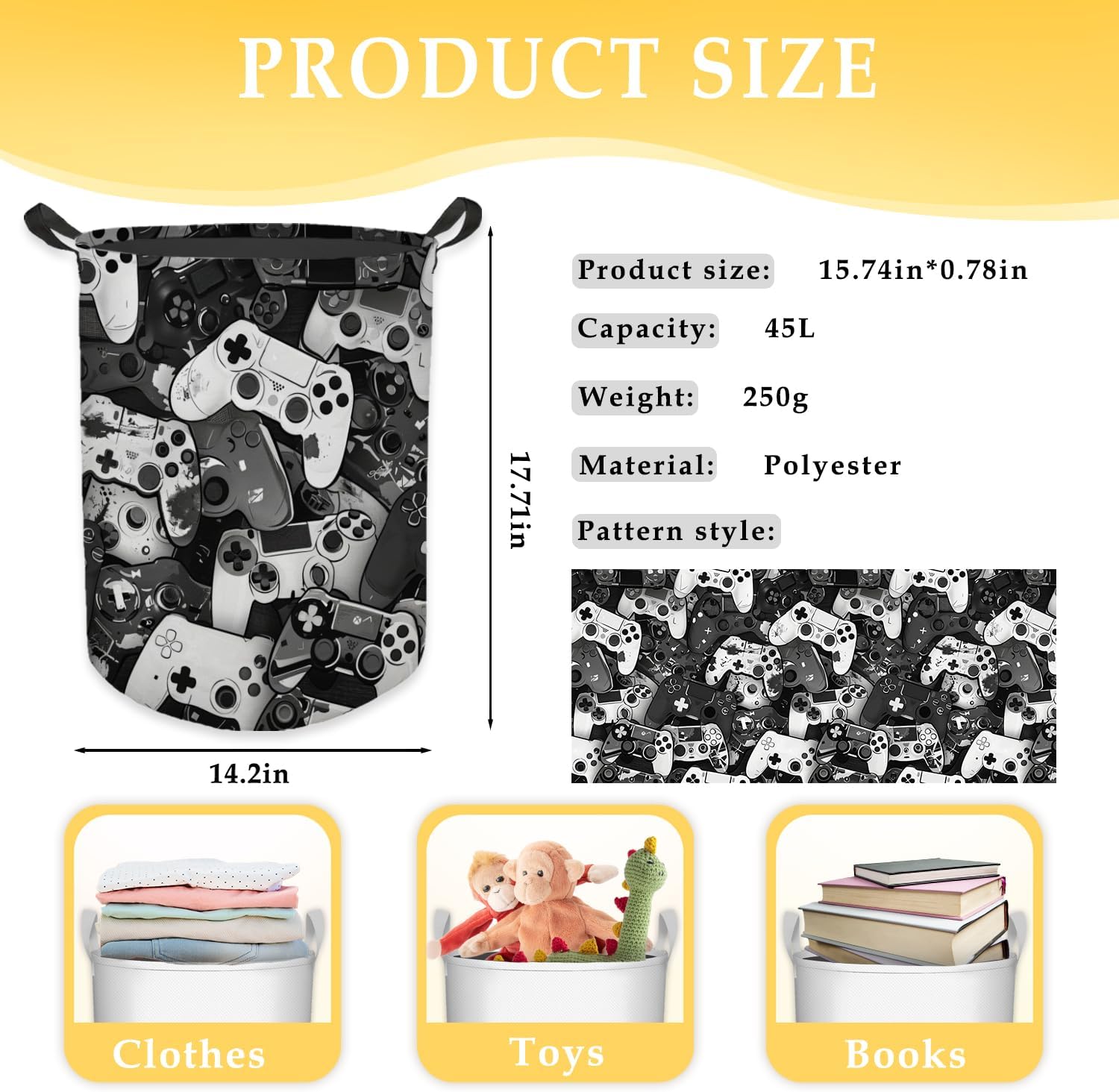 Gaming Gamer Laundry Basket, Vintage Game Controller Waterproof Collapsible Laundry Hamper Dirty Clothes Storage Toy Bin Organizer for Boys Kids Room Bedroom College Dorm Bathroom
