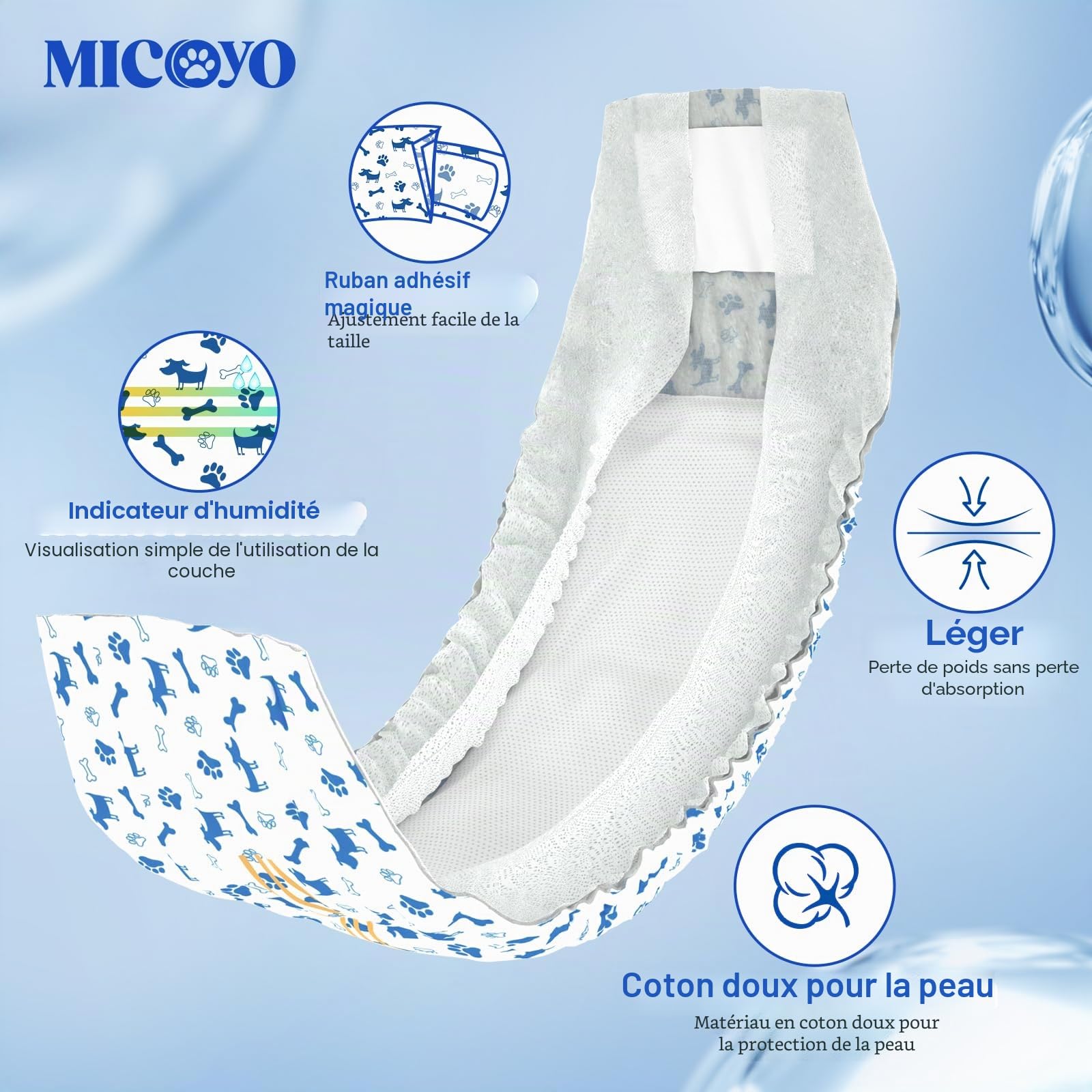 MICOOYO Lot de 50 Couches jetables pour Chien mâle, Chiot, Super absorbantes, avec indicateur d'humidité (50, M)