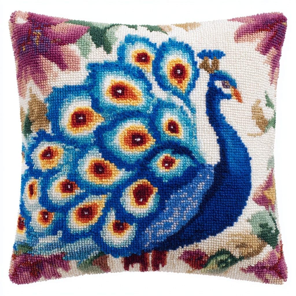 Henypt Latch Hook Cushion Kits Latch Hook Pillow Case Kit, Peacock
