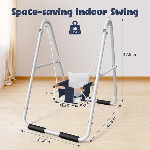 Miniatura 6 de Hapfan Columpio para niños pequeños con soporte, columpio resistente para interiores y exteriores con arnés de seguridad, marco de metal plegable,