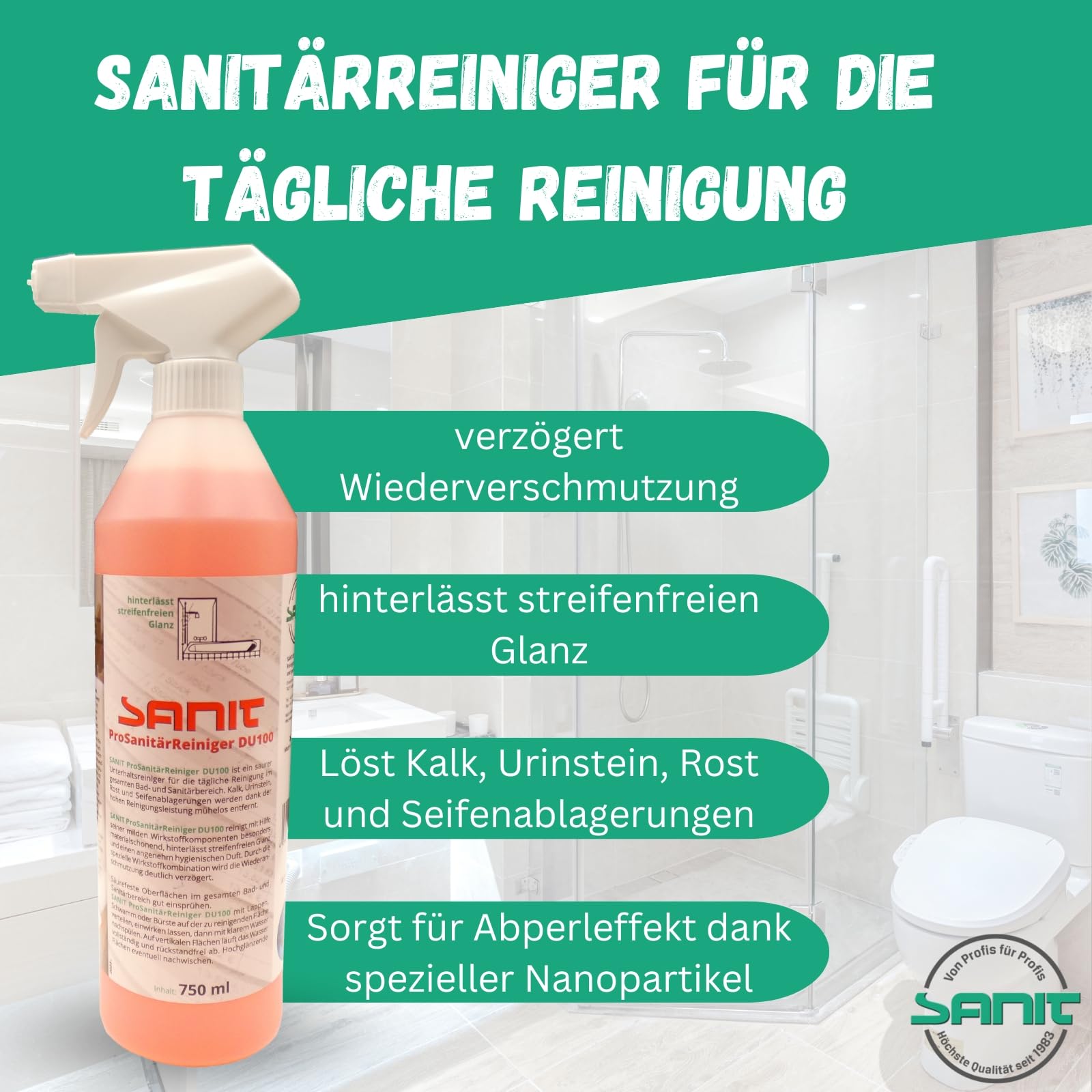 DEWEPRO Set: SANIT ProSanitärReiniger DU100 (3025) - 3 Flaschen à 750ml - Badreiniger - hervorragende Kalklöser mit Abperleffekt inkl. 1 St. DEWEPRO® Single Scrubs
