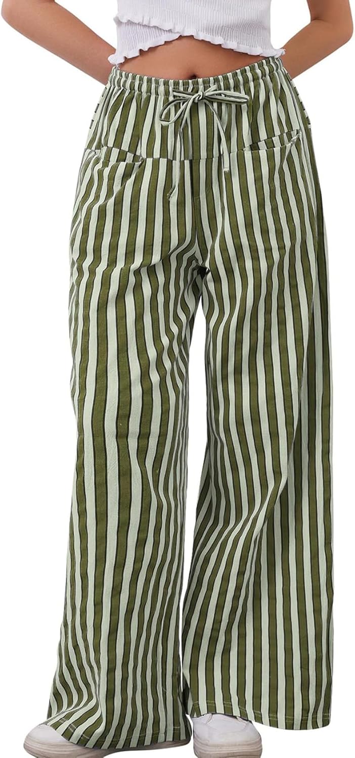 WOWULOVELY Women Casual Striped Drawstring Pants Wide Leg Pants with Pockets Elastic Trousers Loose Lounge Pajama