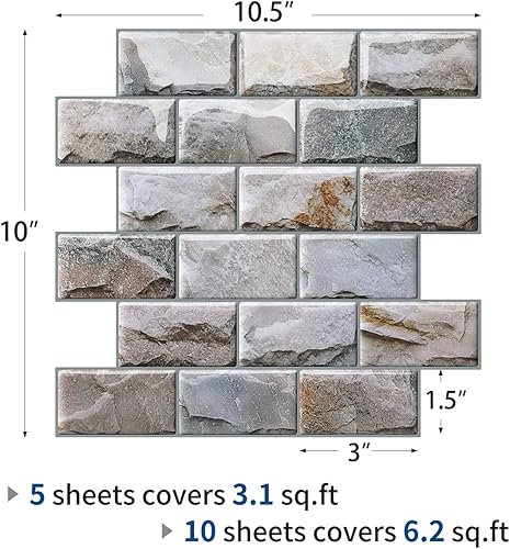 Miniatura 5 de Joqixon Despegar y pegar para cocina azulejos decorativos de piedra azulejos de cocina despegar y pegar azulejos de baño de 10 x 106 pulgadas 5 hojas