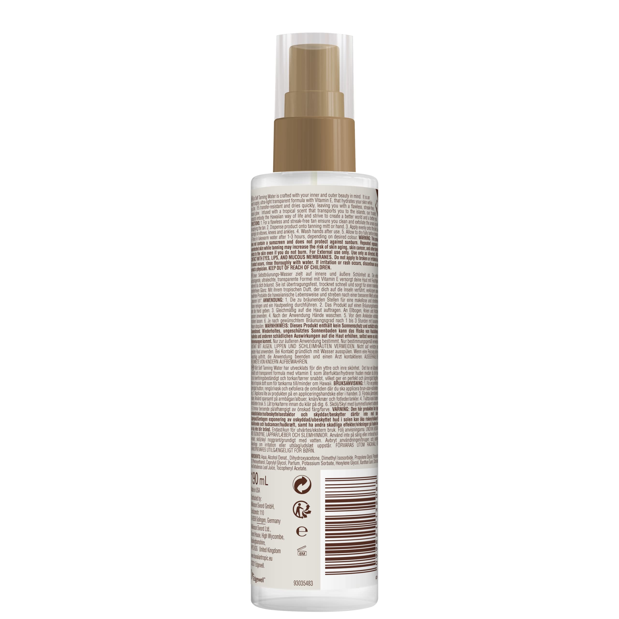 HAWAIIAN Tropic, Autobronceador en agua, Facial y corporal, Fácil aplicación, Tono oscuro, 190 ml