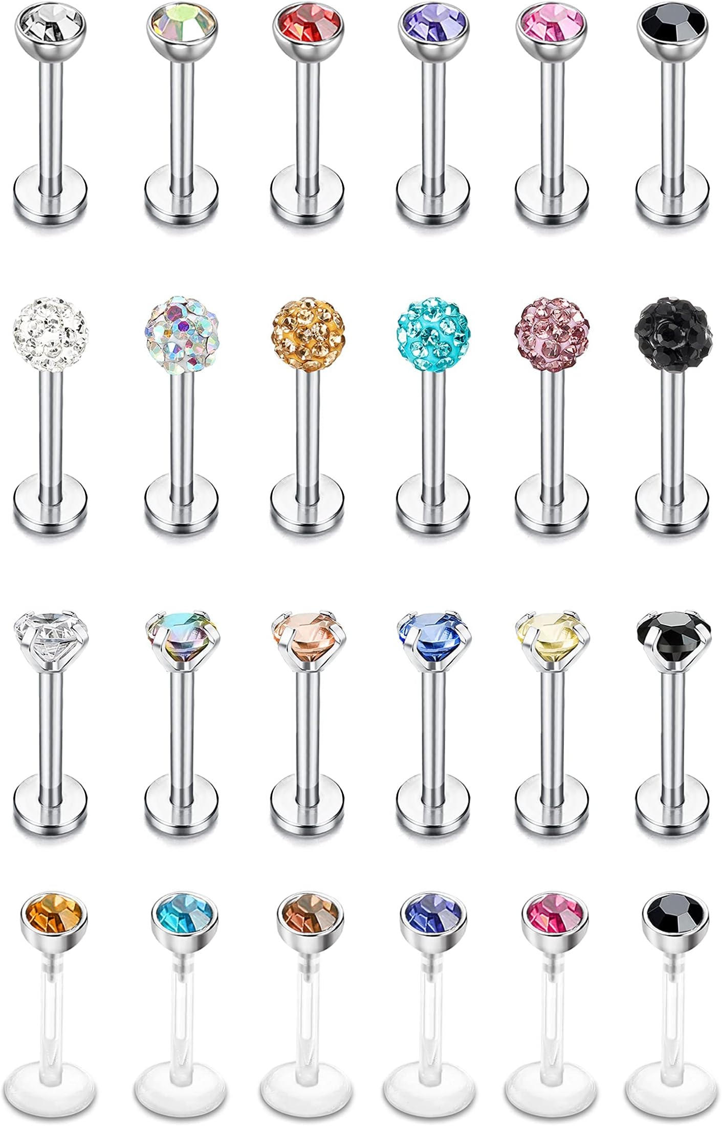 LOLIAS 24 Pcs 16G Stainless Steel Labret Jewelry Stud for Women Men Tragus Piercing Jewelry Stud Earrings 3mm Cubic Zirconia Nose Lip Ring Helix Piercing Body Medusa Jewelry 6mm 8mm