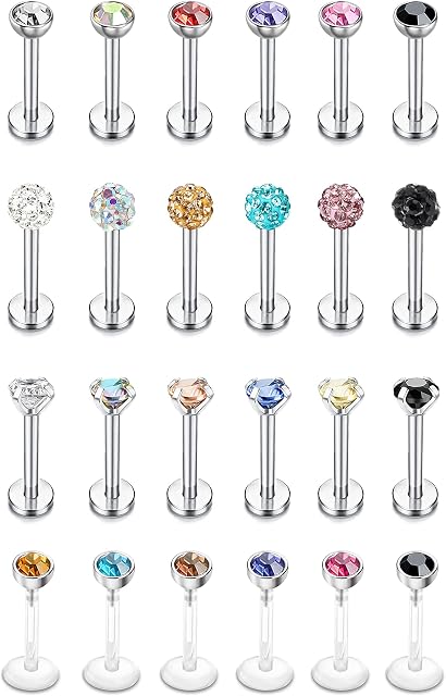 LOLIAS 24 Pcs 16G Stainless Steel Labret Jewelry Stud for Women Men Tragus Piercing Jewelry Stud Earrings 3mm Cubic Zirconia Nose Lip Ring Helix Piercing Body Medusa Jewelry 6mm 8mm