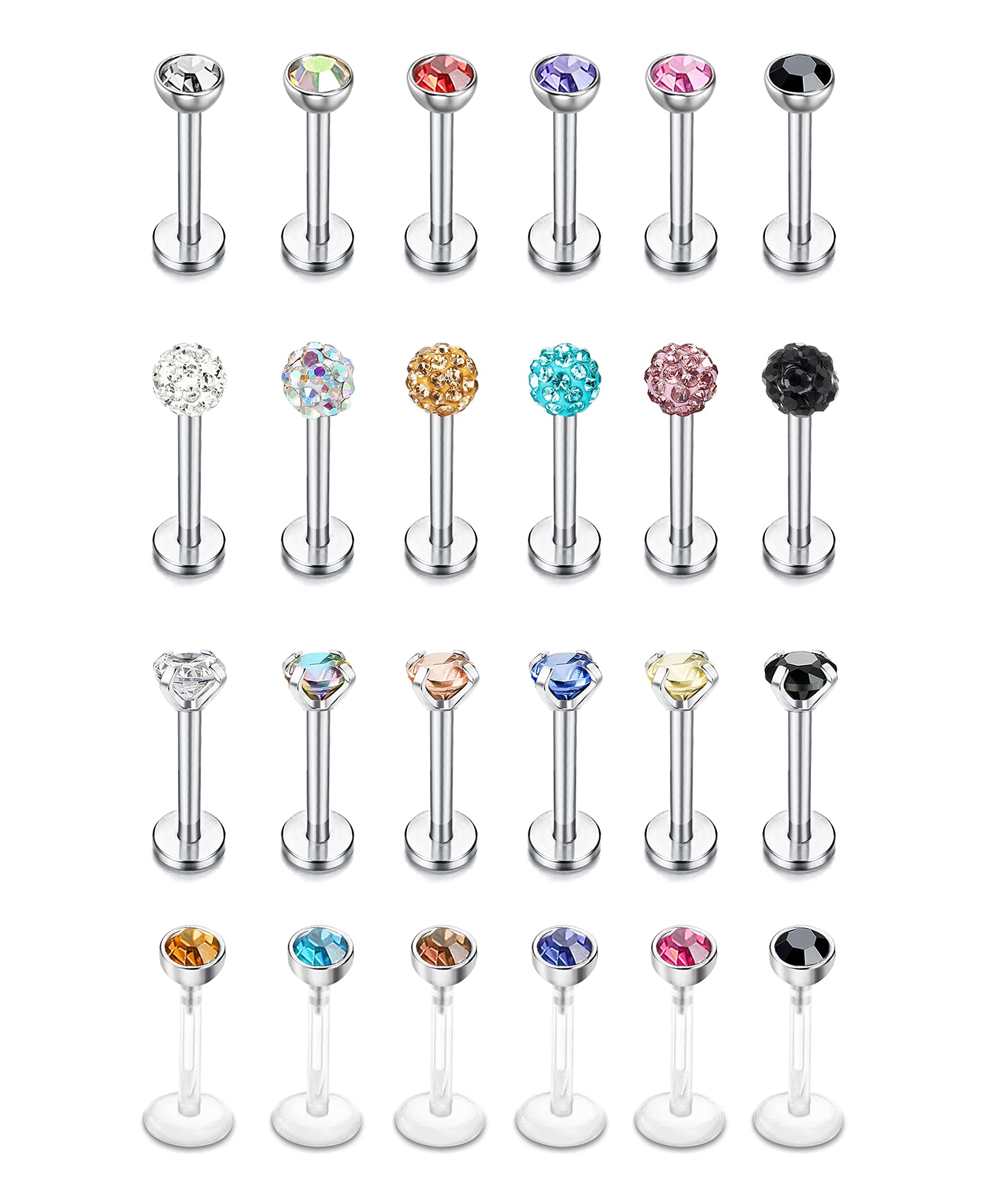 LOLIAS24 Pcs 16G Stainless Steel Labret Jewelry Stud for Women Men Tragus Piercing Jewelry Stud Earrings 3mm Cubic Zirconia Nose Lip Ring Helix Piercing Body Medusa Jewelry 6mm 8mmRecycled Claim Standard 100