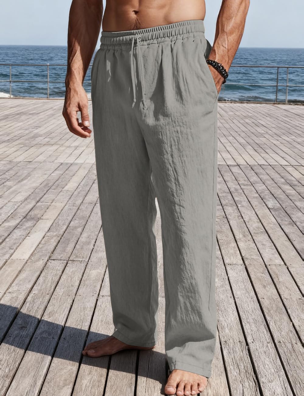 Men's Casual Linen Pants Loose Fit Drawstring Waist Lightweight Linen Trousers Summer Yoga Beach Long Pants - Image 4