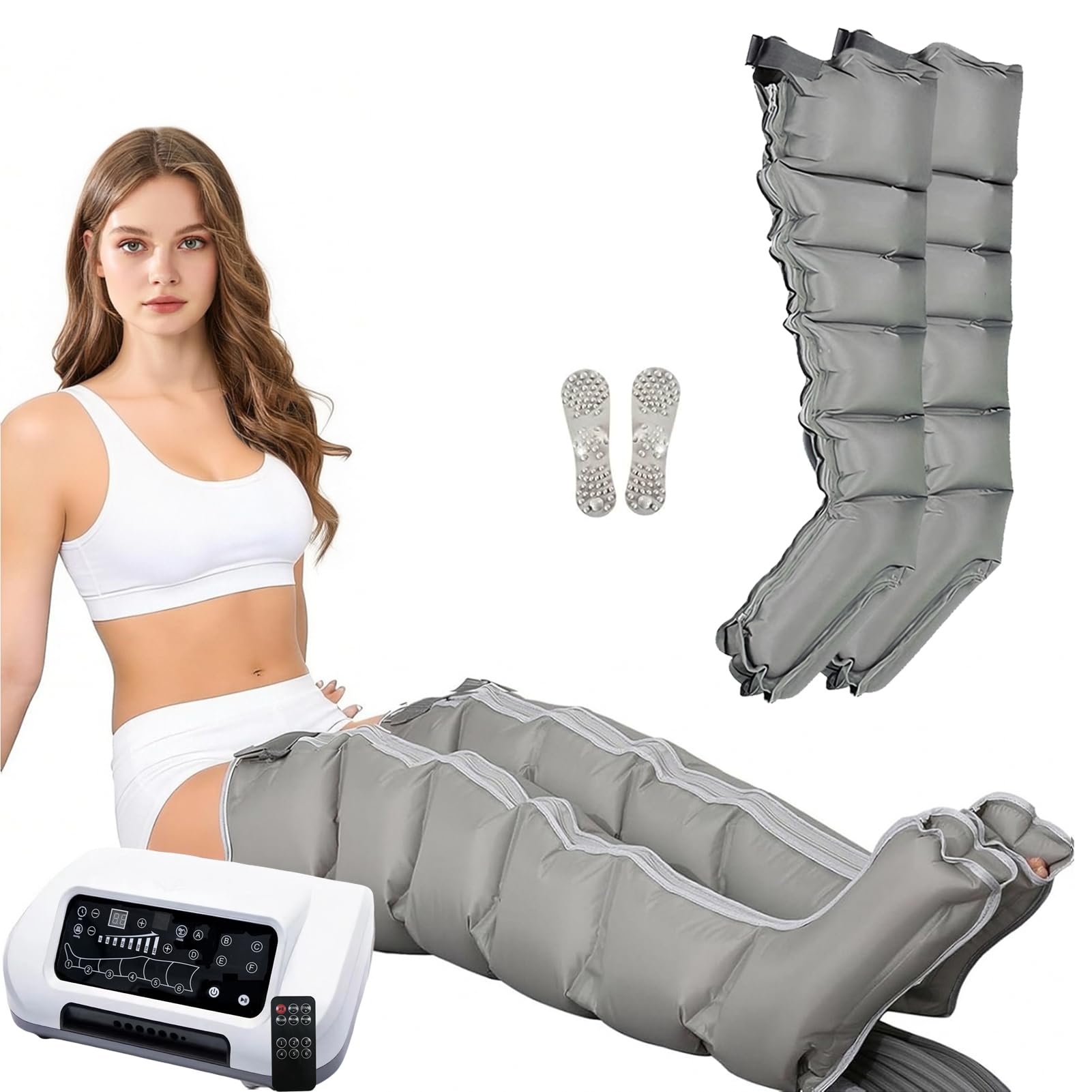 Pressoterapia Linfodrenaggio Professionale, Massaggiatore Pressoterapia Gambe e Addome per Casa, 6 Camere Apparecchio Presso Terapia Gambe Linfodrenante, 30-240mmHg, 6 Programmi