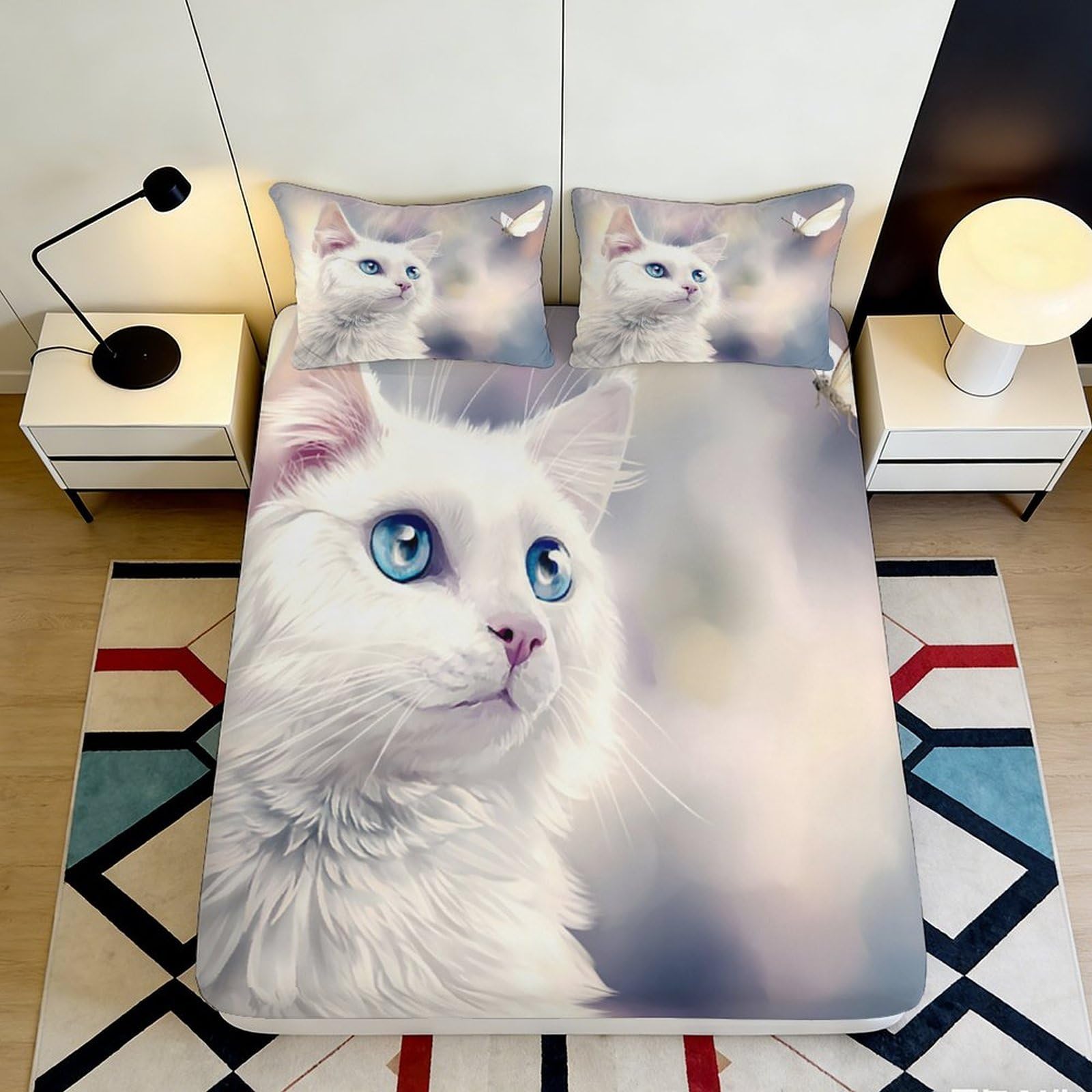 Jqzkxnhpbr Style-9 3D Printed White Cat Fitted Sheet Microfiber Bed Cover For Bedroom, Dorm And Guest Room Decor, Soft Mattress Protection 90X200x25cm
