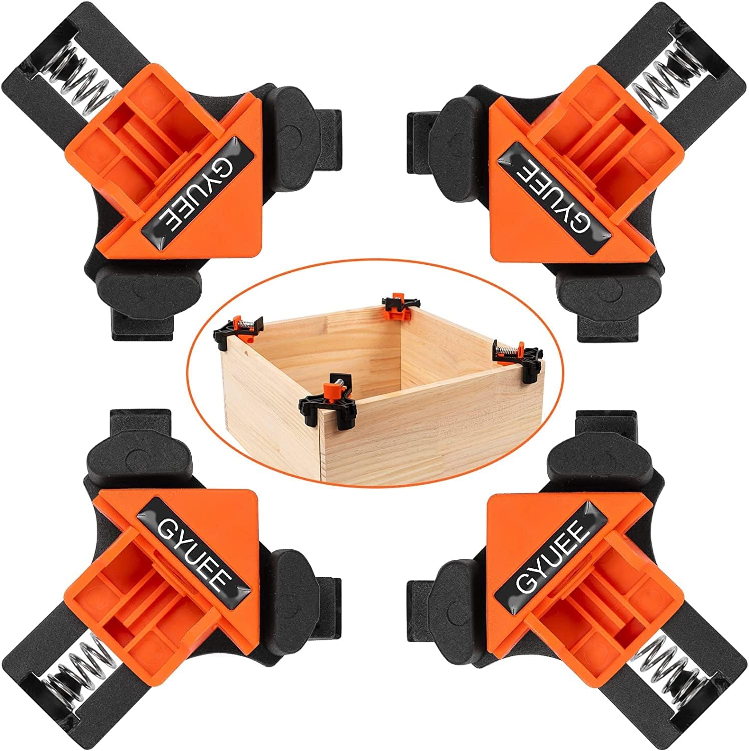 GYUEE 90 Degree Angle Wood Clamps, Woodworking Corner Clip, Right Angle Clip Fixer, Set of 4 Clamp Tool with Adjustable Hand Tools (orange+black)