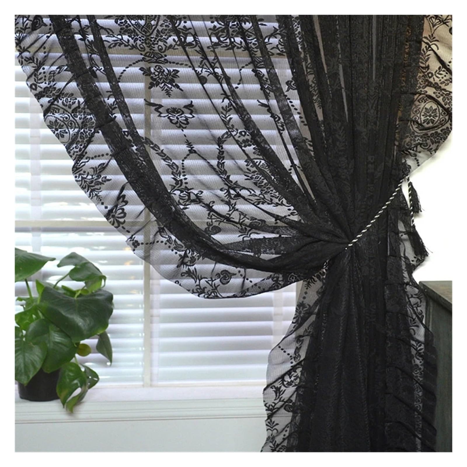 Cgrsdsd Tulle Voile Curtains Romantic Vintage Black Floral Ruffle Lace Sheer Curtains For Bedroom Living Room Bay Window Mesh Voile(Style1_1 Pcs W100 X H180cm)