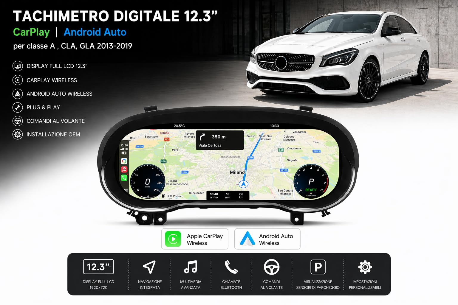 VIBEX Quadro Strumenti Tachimetro Digitale 12.3" per Mercedes Classe A W176 CLA C117 GLA X156 2013-2019 Apple CarPlay Android Auto Wireless Navigazione Plug & Play Installazione OEM