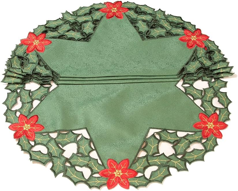4-Pack Holly Leaf Poinsettia Embroidered Cutwork Christmas Doilies, 16-Inch Round