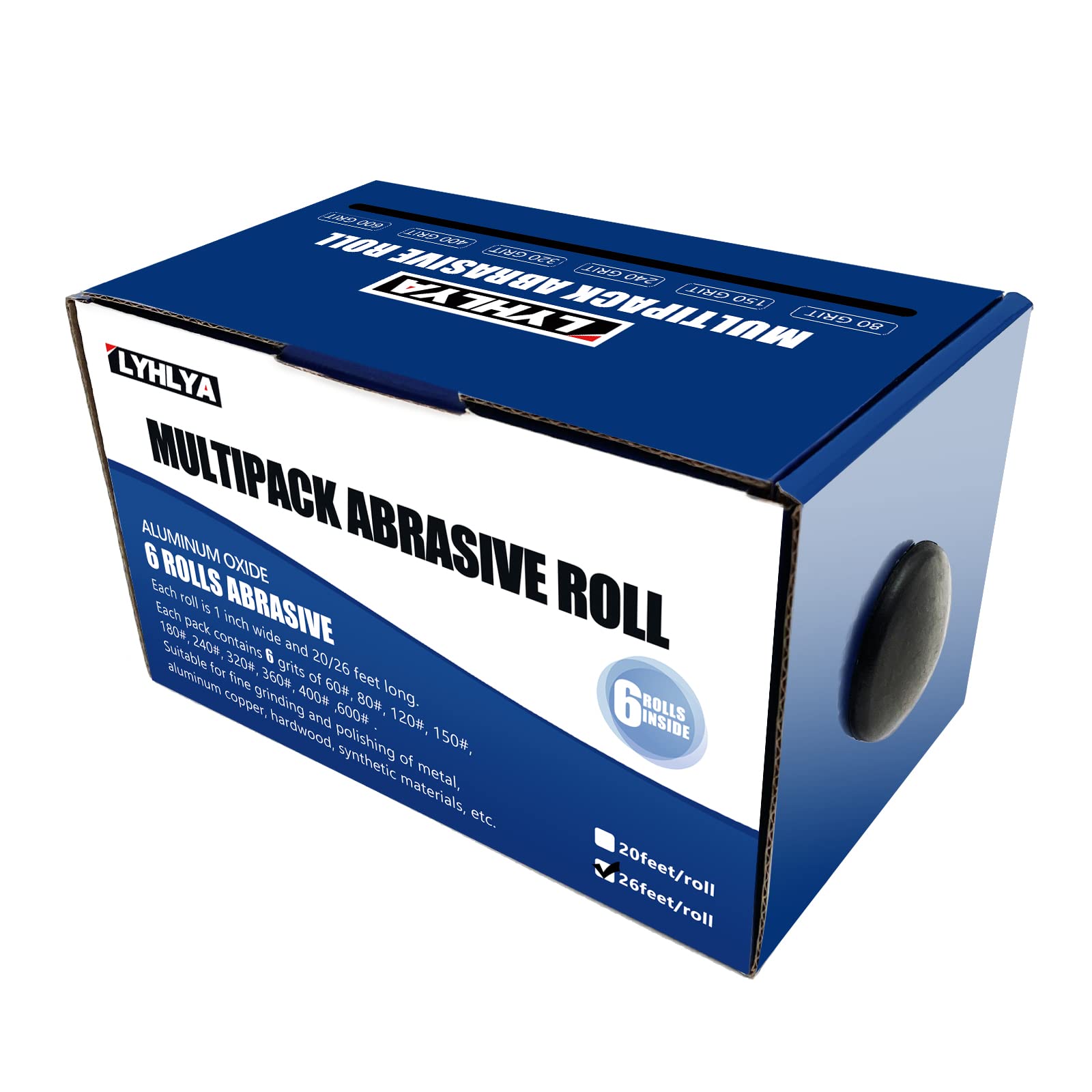 Lot de 6 rouleaux de papier abrasif de 2,5 cm x 8 m avec distributeur de papier émeri pour meubles en bois, finition du métal, ponçage automobile, polissage automobile, 80/150/240/320/400/600