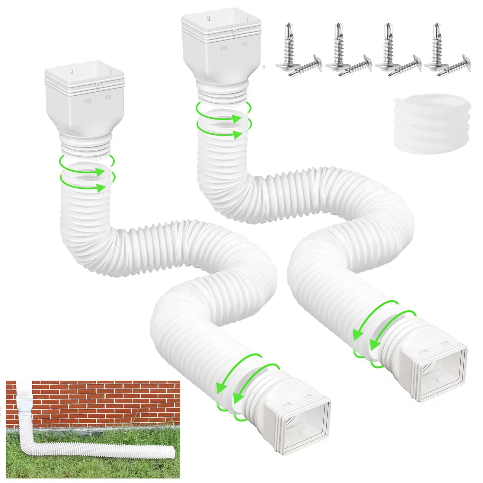 PruceTrek 2 Pack Rain Gutter Downspout Extension Flexible, Downspout Drain Extender Diverter, Drain Pipe Connector Extendable from 20"-60", Gutter Connector Rainwater Drainage with Screws(White)â€¦